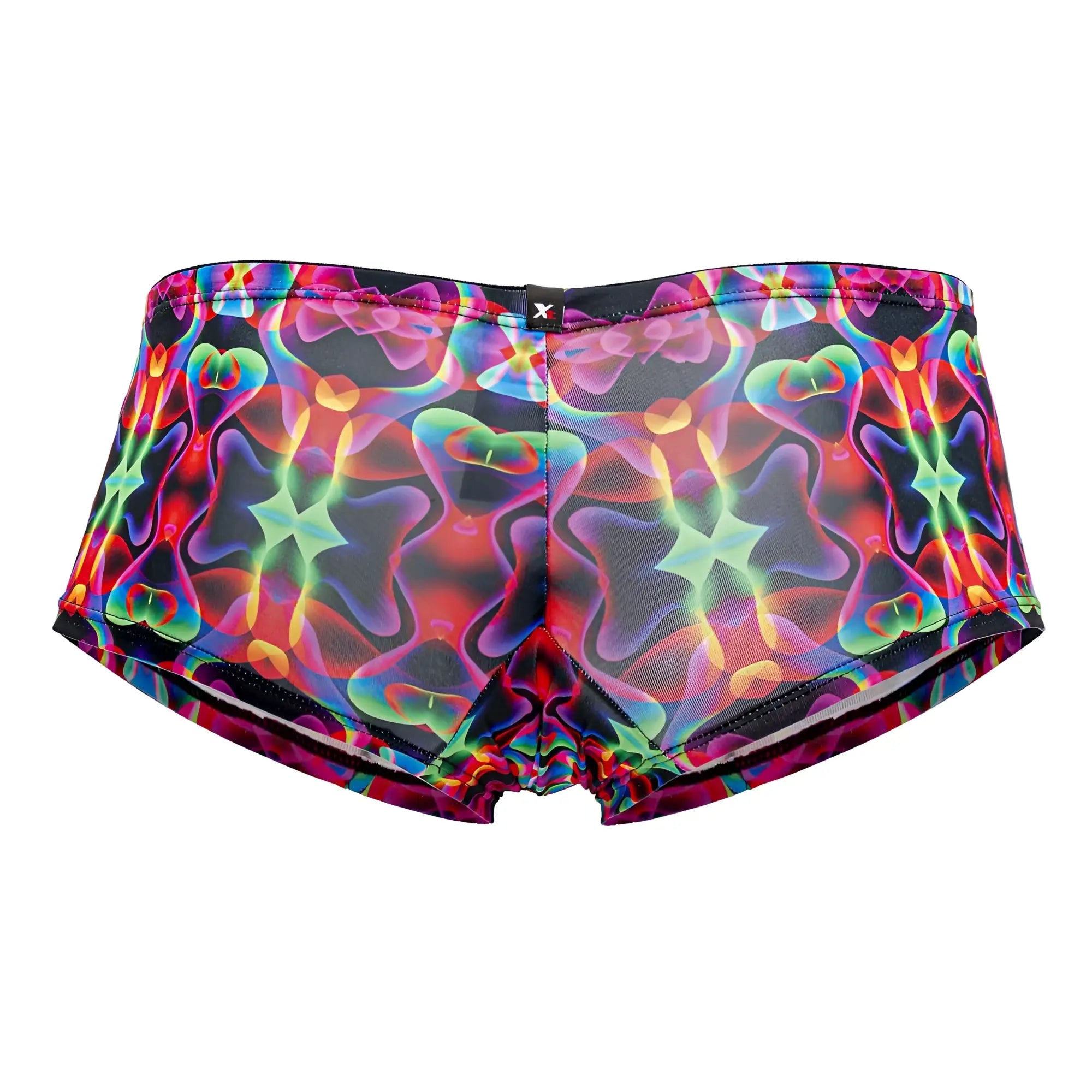 Xtremen 91170 printed trunks color bows with vibrant iridescent neon patterns on black mesh swim trunks