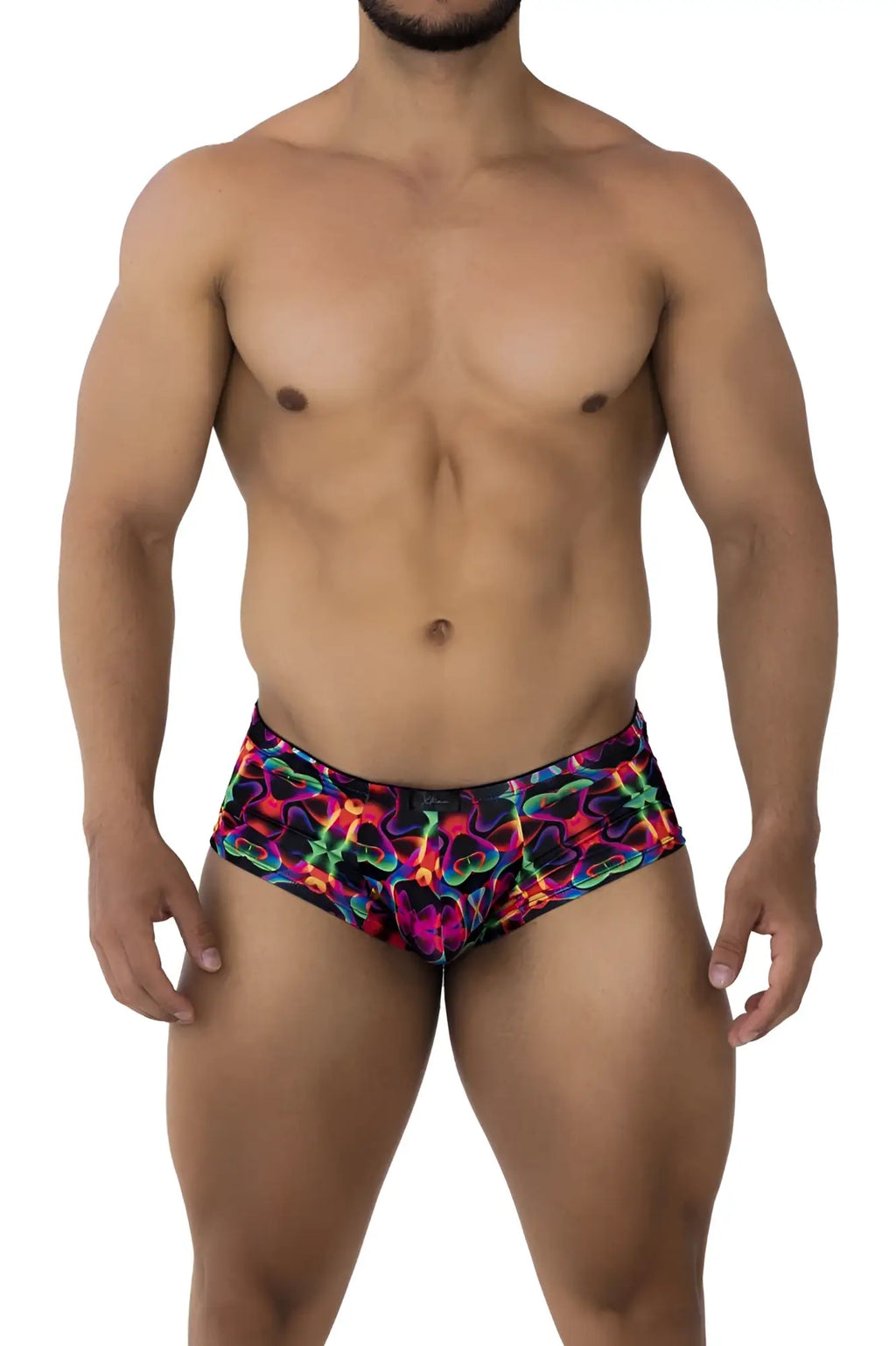 Xtremen 91170 printed trunks vibrant neon swim trunks with psychedelic abstract pattern in pink green blue and purple