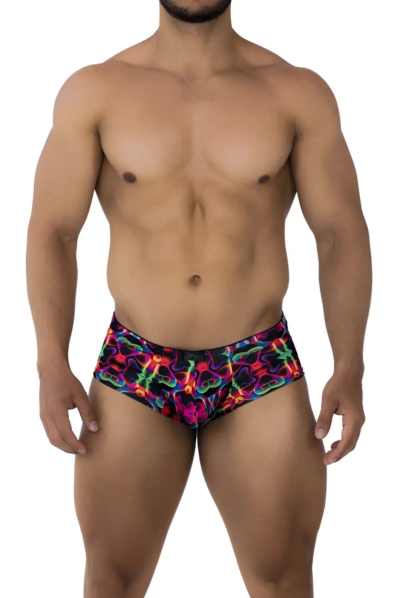 Xtremen 91170 printed trunks vibrant neon swim trunks with psychedelic abstract pattern in pink green blue and purple