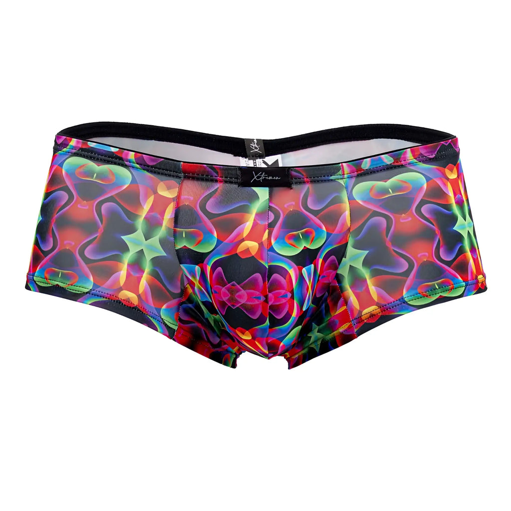 Vibrant psychedelic patterned men’s briefs in neon rainbow hues with black waistband and xtreme brand label