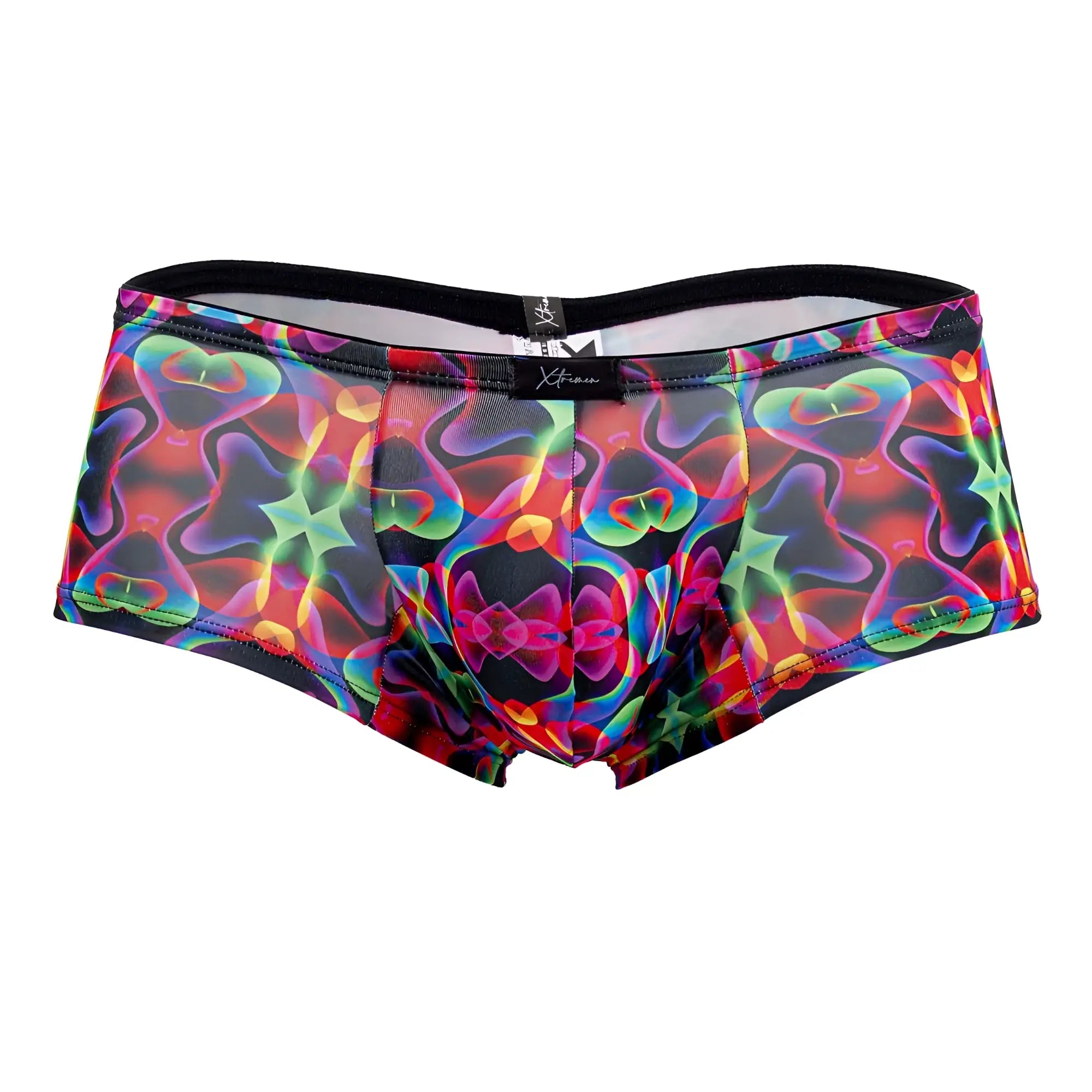 Vibrant psychedelic patterned men’s briefs in neon rainbow hues with black waistband and xtreme brand label