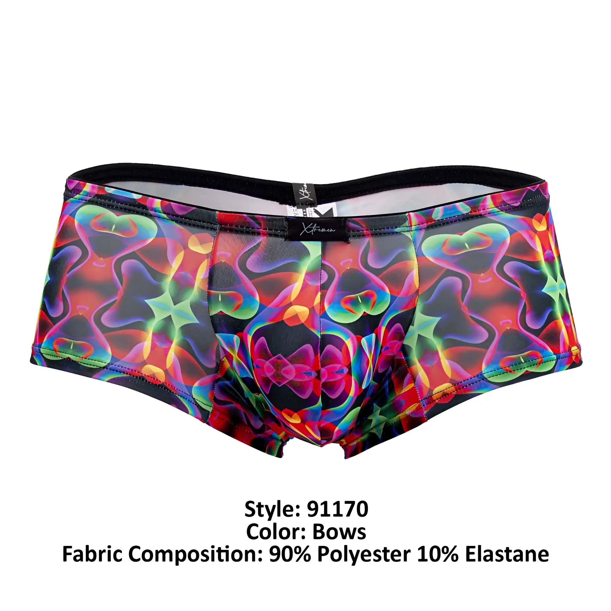 Xtremen 91170 printed trunks vibrant rainbow-colored psychedelic bow pattern on black mesh briefs front view