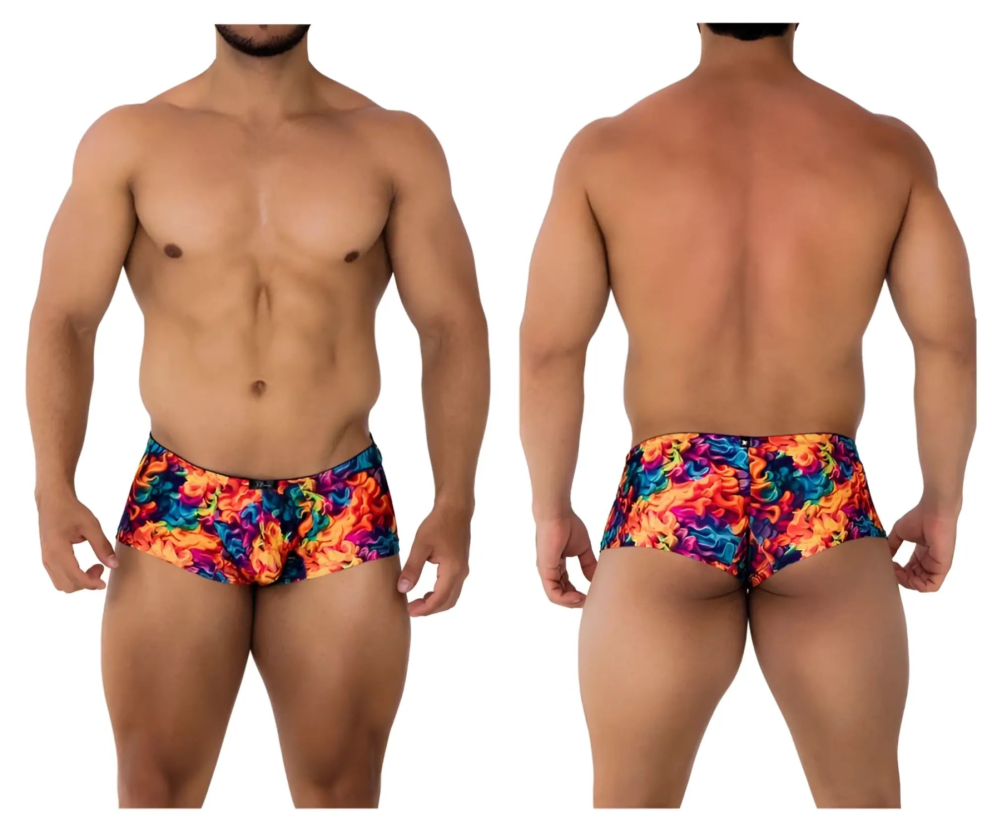 Xtremen 91170 printed trunks with vibrant flame pattern in bold orange blue and purple hues for swimwear use