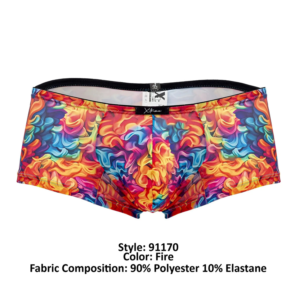 Xtremen 91170 printed trunks fire color with vibrant multicolored flame pattern polyester elastane blend briefs