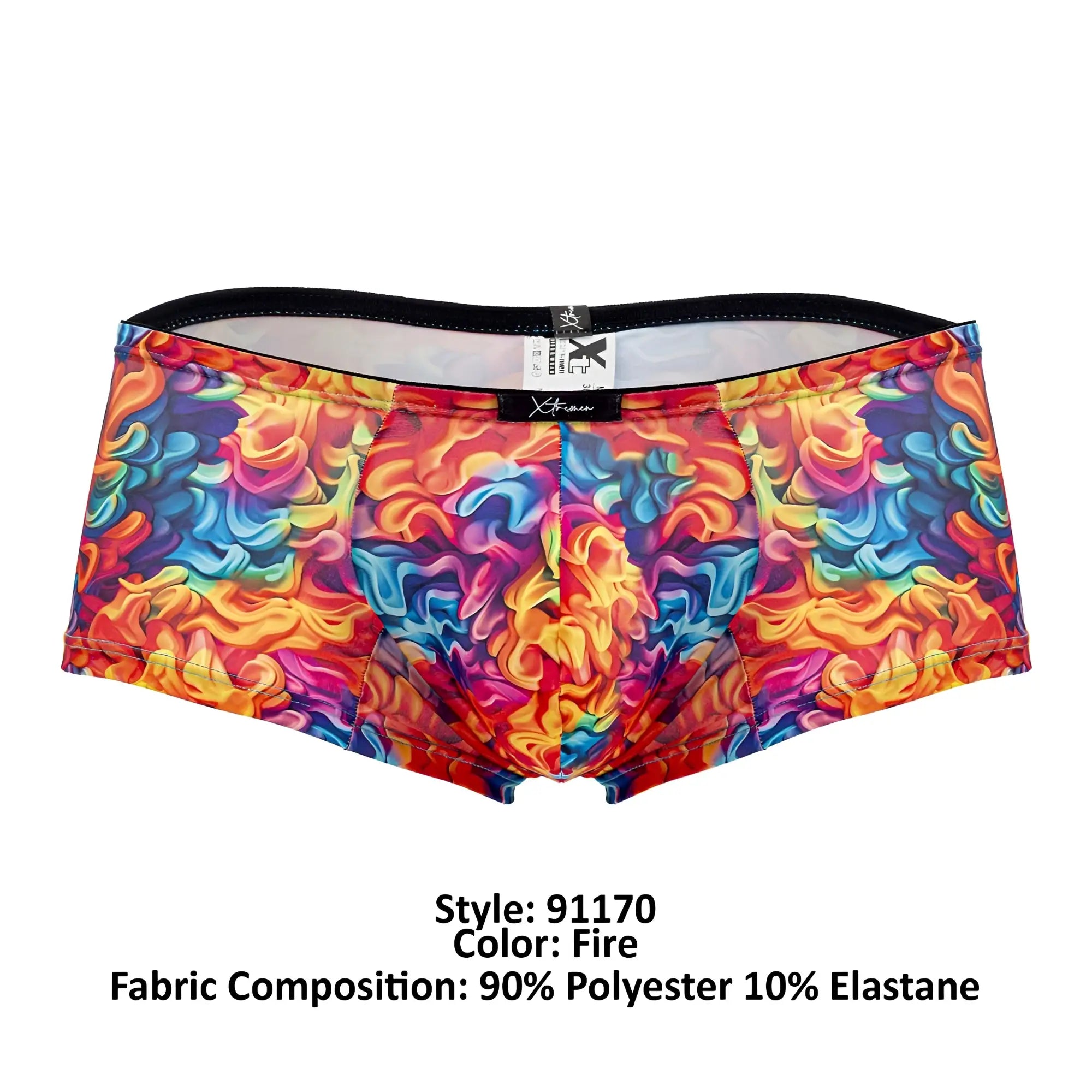 Xtremen 91170 printed trunks fire color with vibrant multicolored flame pattern polyester elastane blend briefs