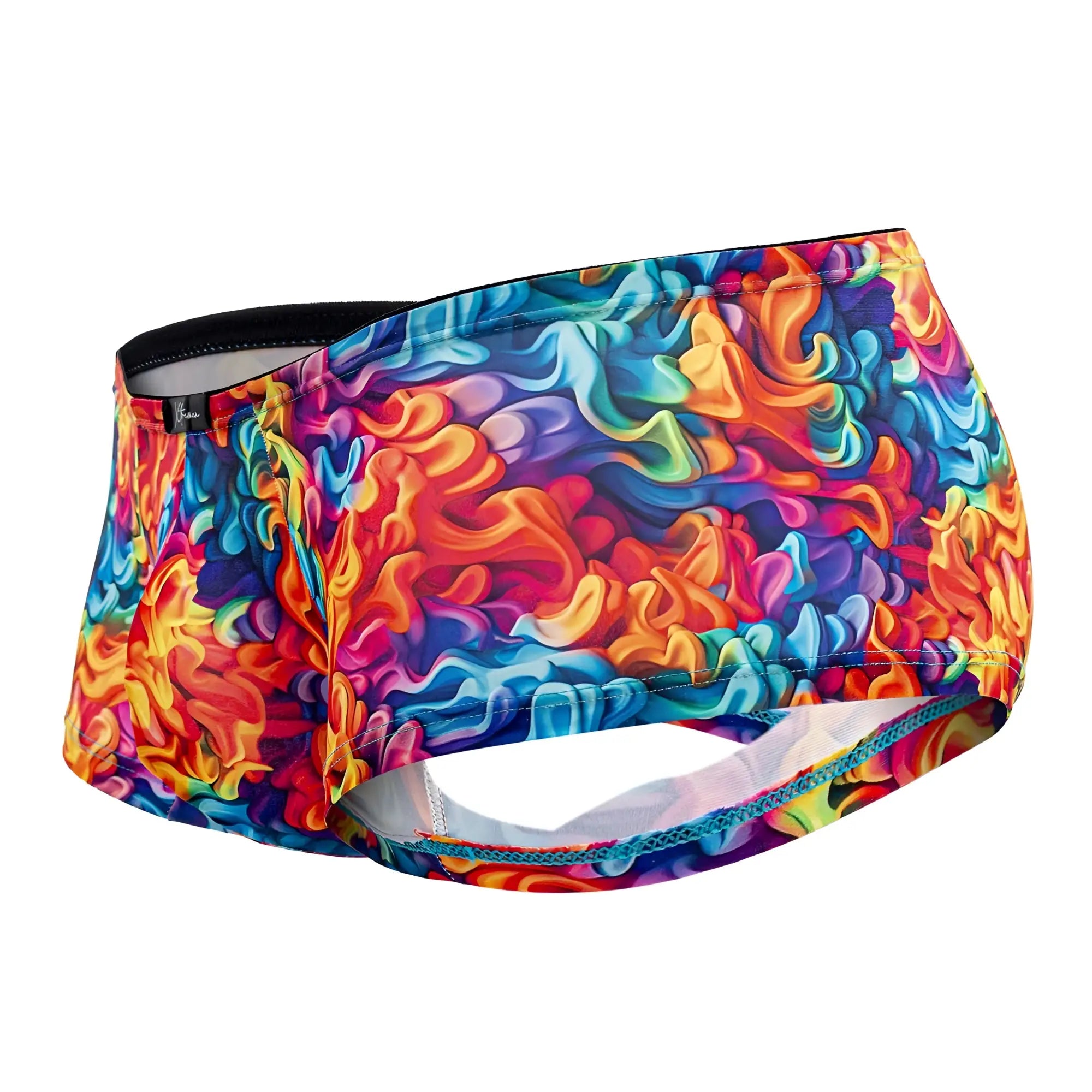 Xtremen 91170 printed trunks vibrant rainbow psychedelic wave pattern swim trunks with black elastic waistband