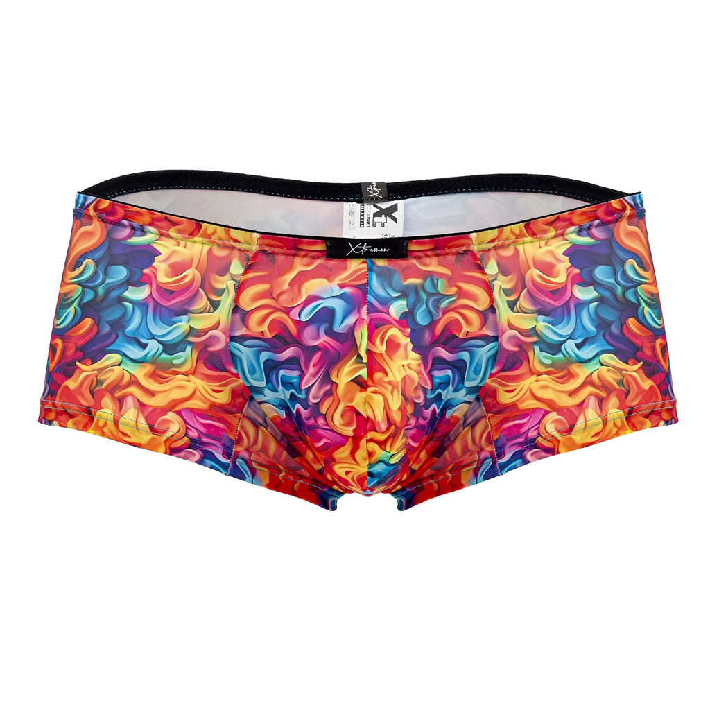 Xtremen 91170 printed trunks color fire vibrant rainbow swirl men’s briefs with black waistband and x-frame brand label