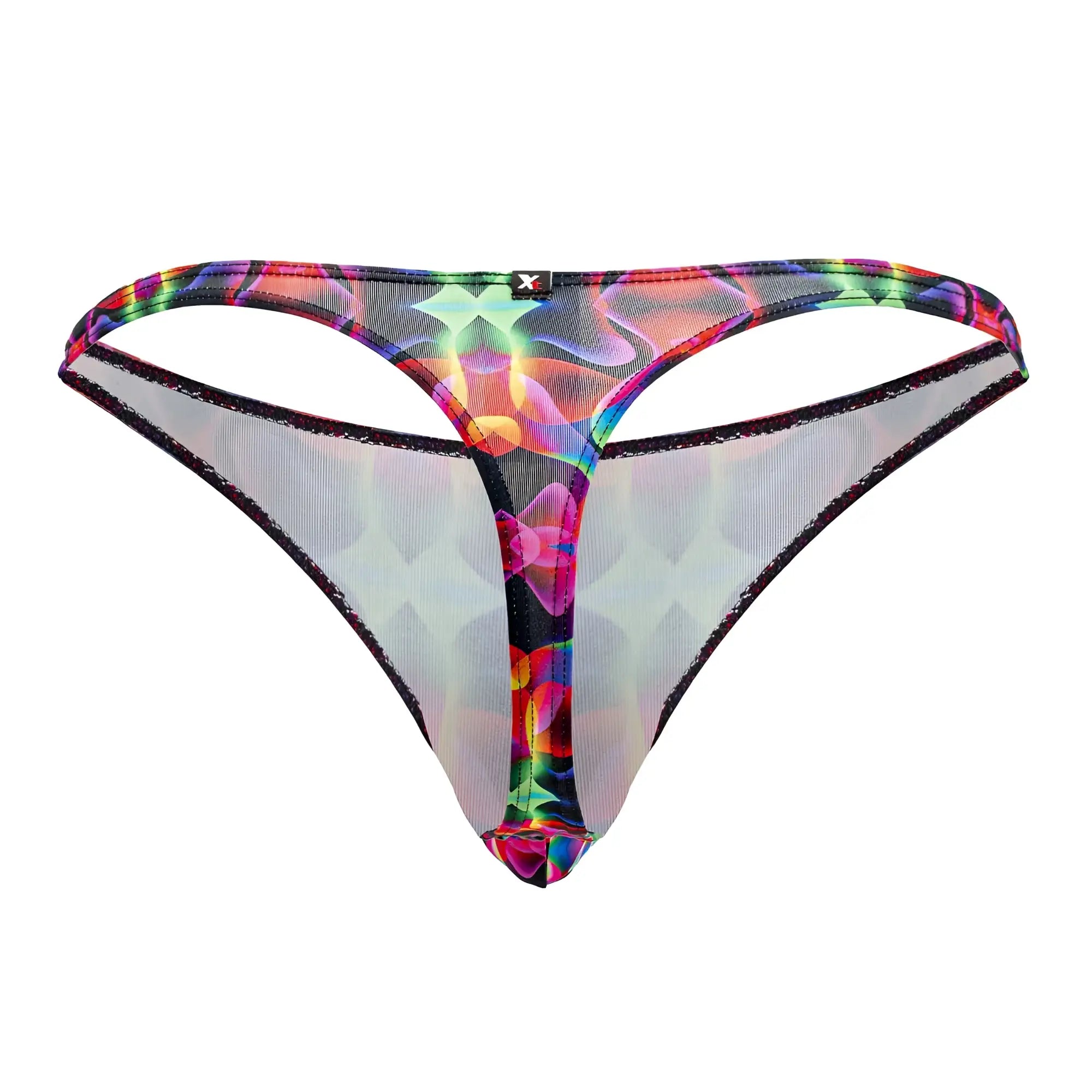 Xtremen 91171 printed thong with vibrant holographic mesh, rainbow gradient, and black trim front view