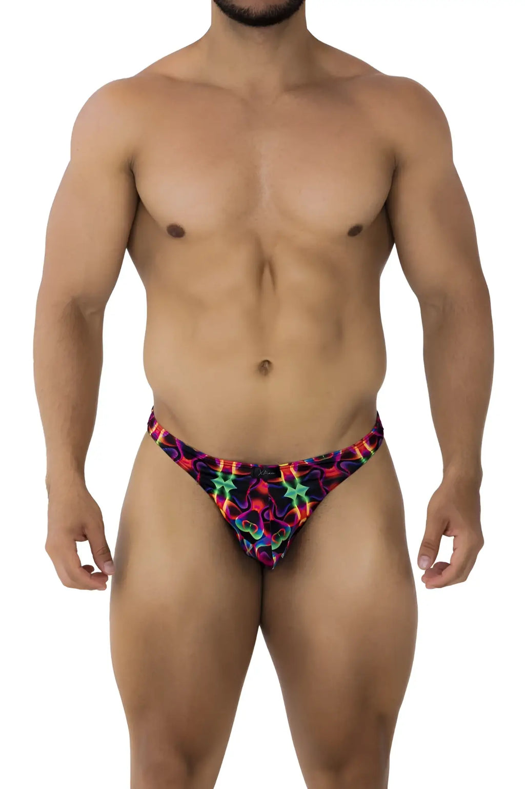 Xtremen 91171 printed thongs color bows vibrant neon swim trunks with bold geometric star and swirl motifs