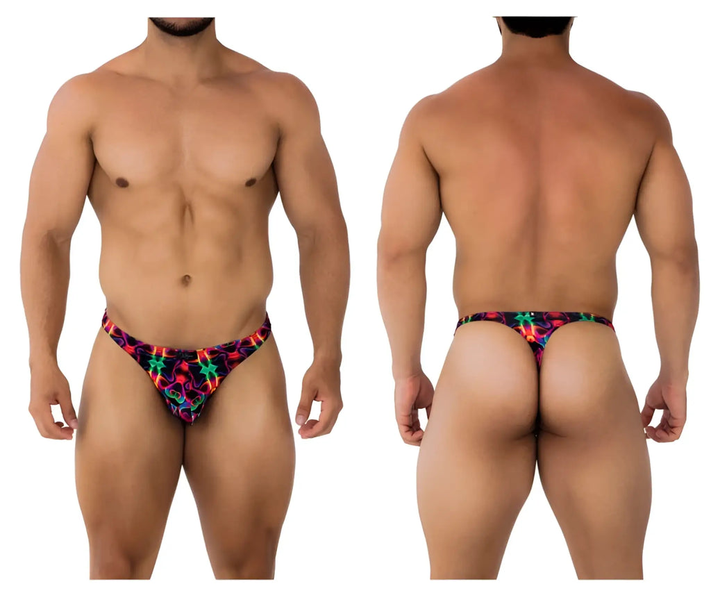 Xtremen 91171 printed thongs vibrant neon patterned men’s briefs with bold red green blue and purple geometric design