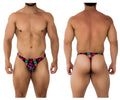 Xtremen 91171 printed thongs vibrant neon patterned men’s briefs with bold red green blue and purple geometric design