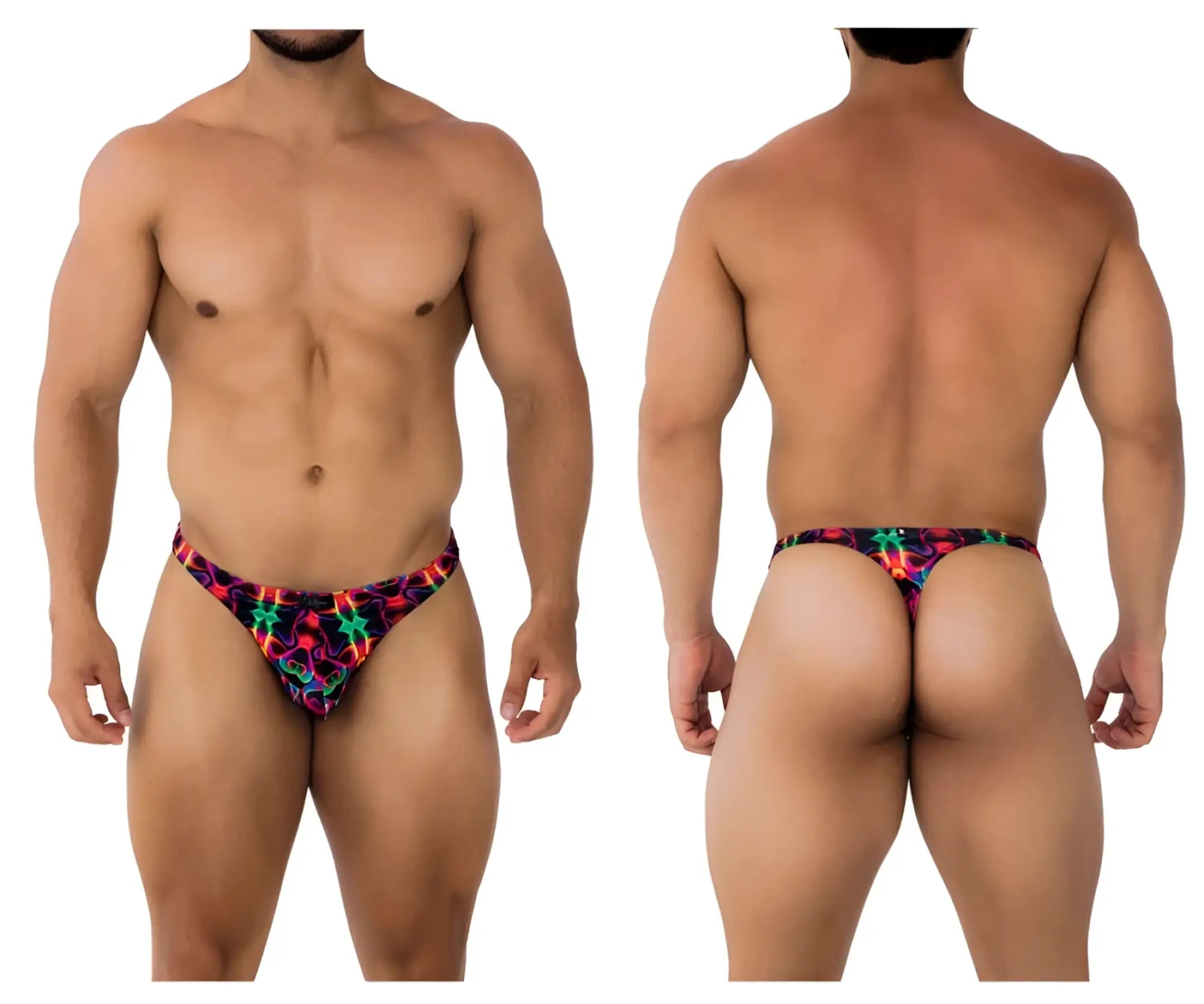Xtremen 91171 printed thongs vibrant neon patterned men’s briefs with bold red green blue and purple geometric design