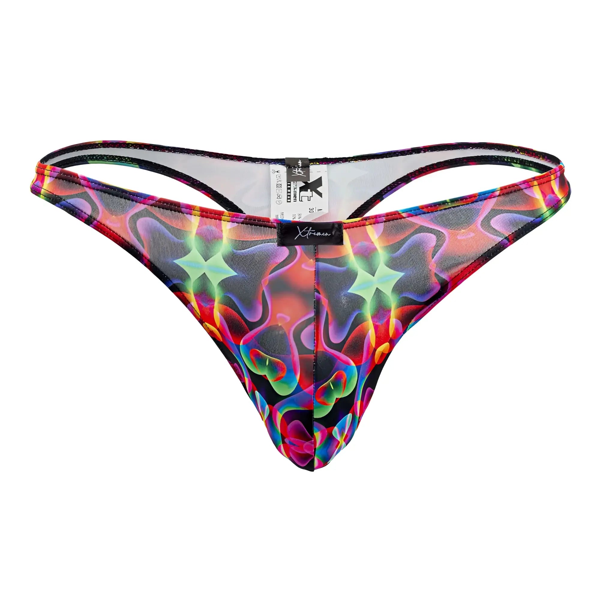 Xtremen 91171 printed thong with vibrant rainbow holographic pattern black trim and branded tag