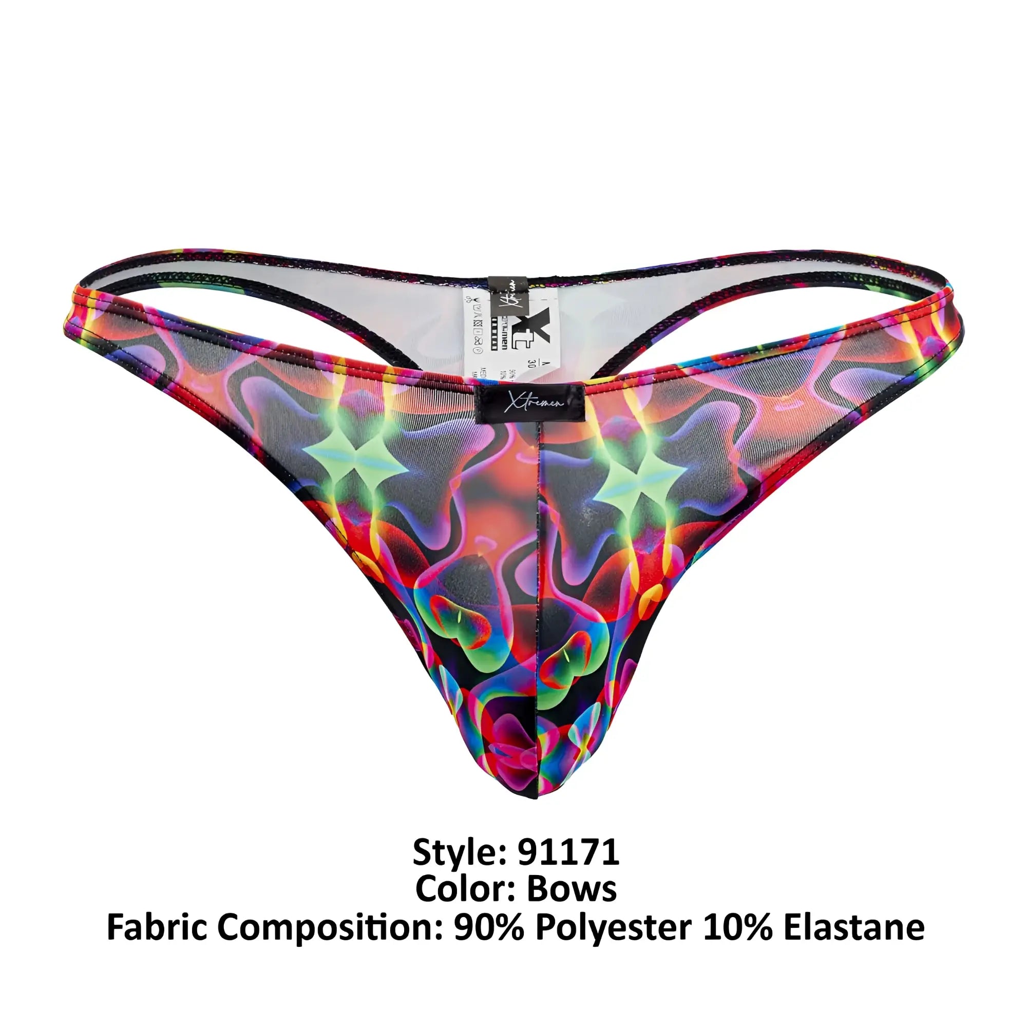 Vibrant rainbow printed Xtremen 91171 thong with mesh fabric black trim and visible xtreme brand label