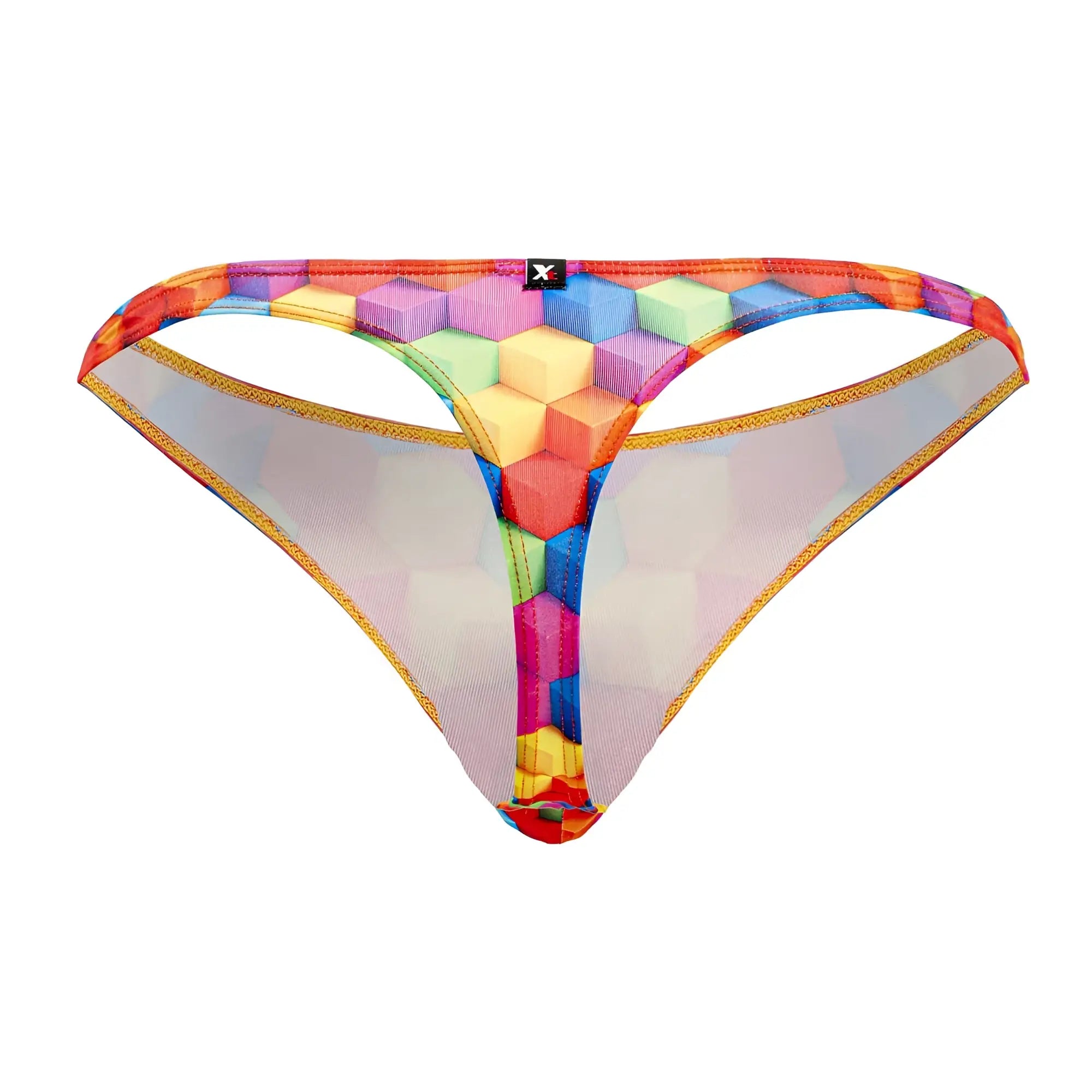 Xtremen 91171 printed thong in rainbow geometric mesh with vibrant hexagon design and gold-trimmed edges