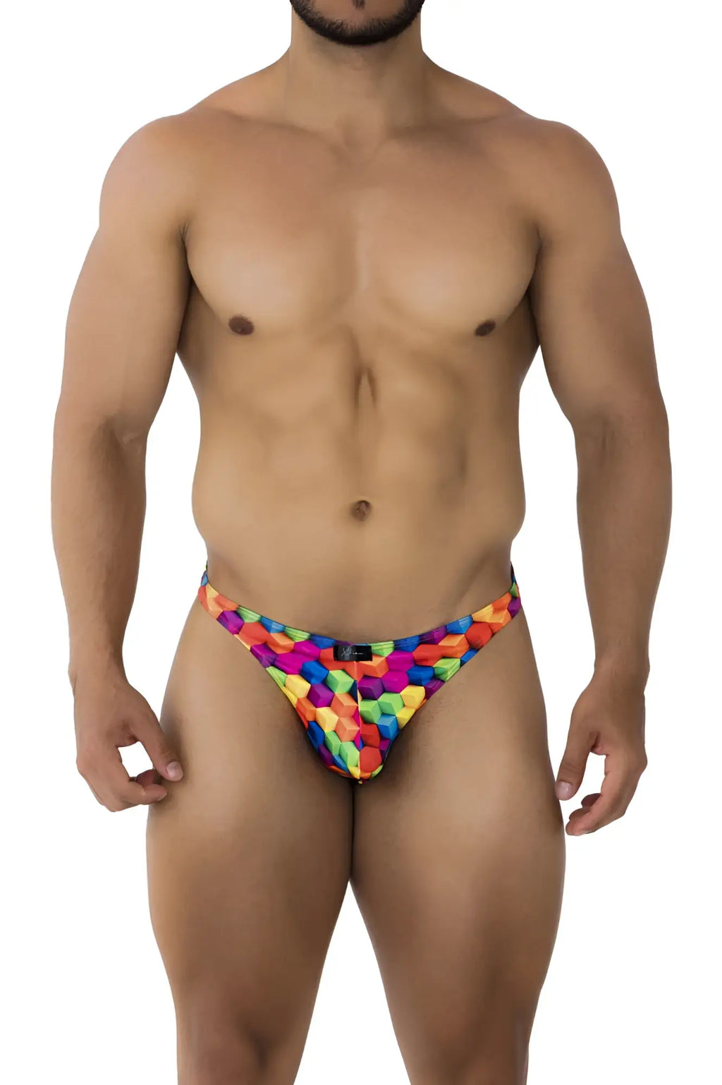 Vibrant rainbow-colored geometric-patterned xtremen 91171 printed thongs color cubes men’s briefs front view
