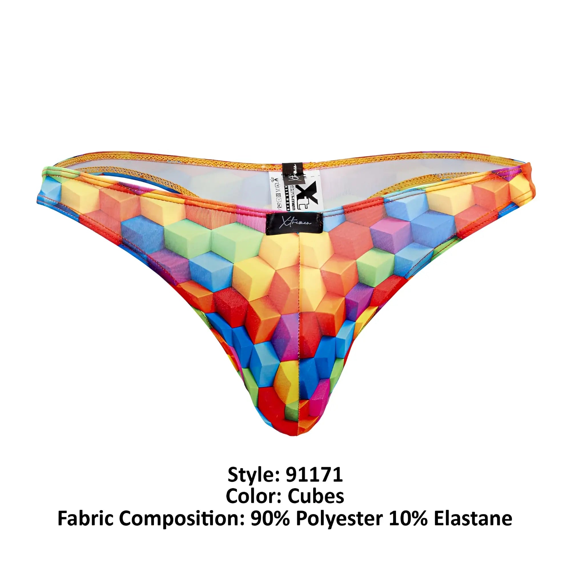 Vibrant rainbow-colored Xtremen 91171 printed thong with 3d geometric cube pattern in polyester and elastane