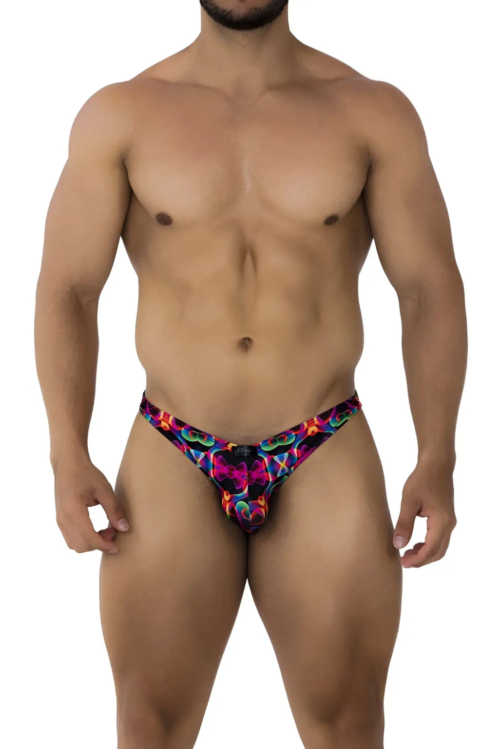 Xtremen 91172 printed bikini color bows with vibrant neon psychedelic patterned swim trunks front view