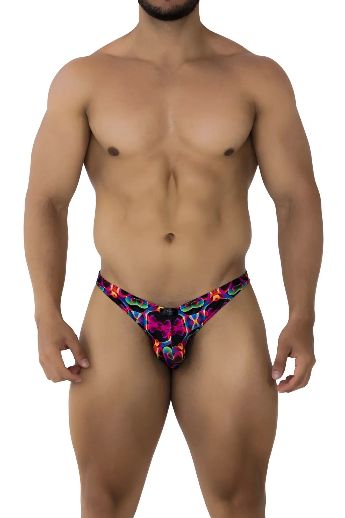 Xtremen 91172 printed bikini color bows with vibrant neon psychedelic patterned swim trunks front view