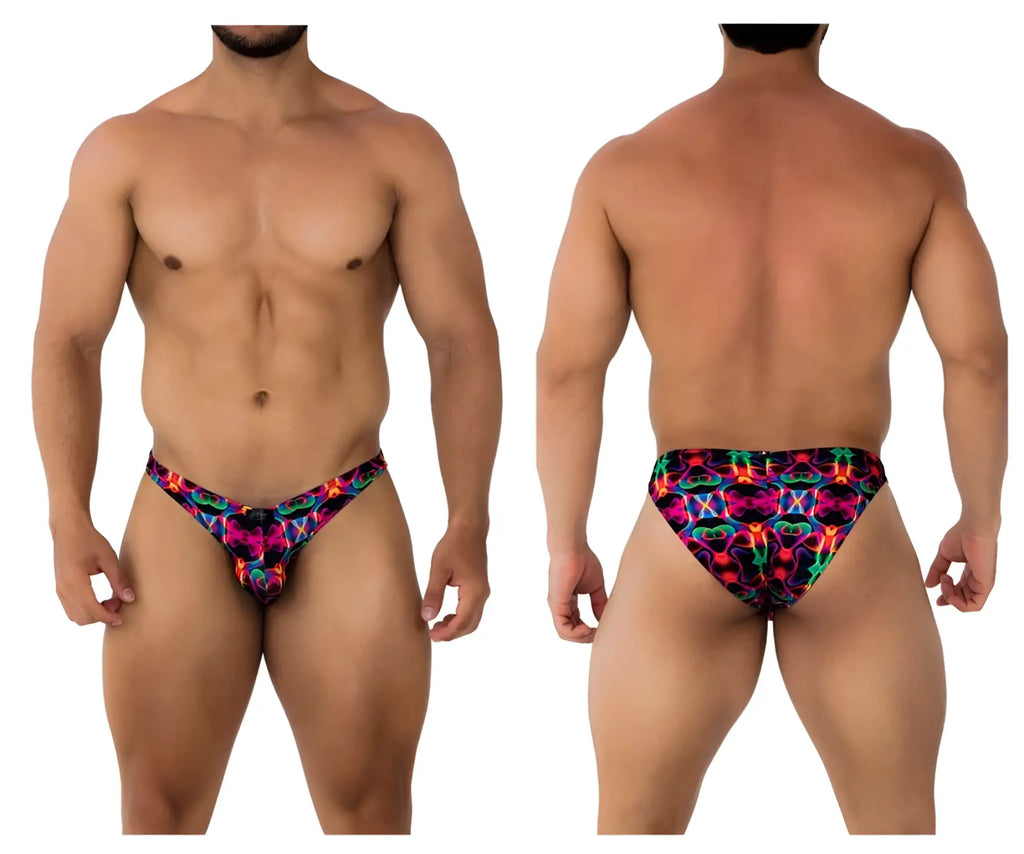 Xtremen 91172 printed bikini color bows men’s swim trunks with vibrant neon abstract design in pink blue green and purple hues