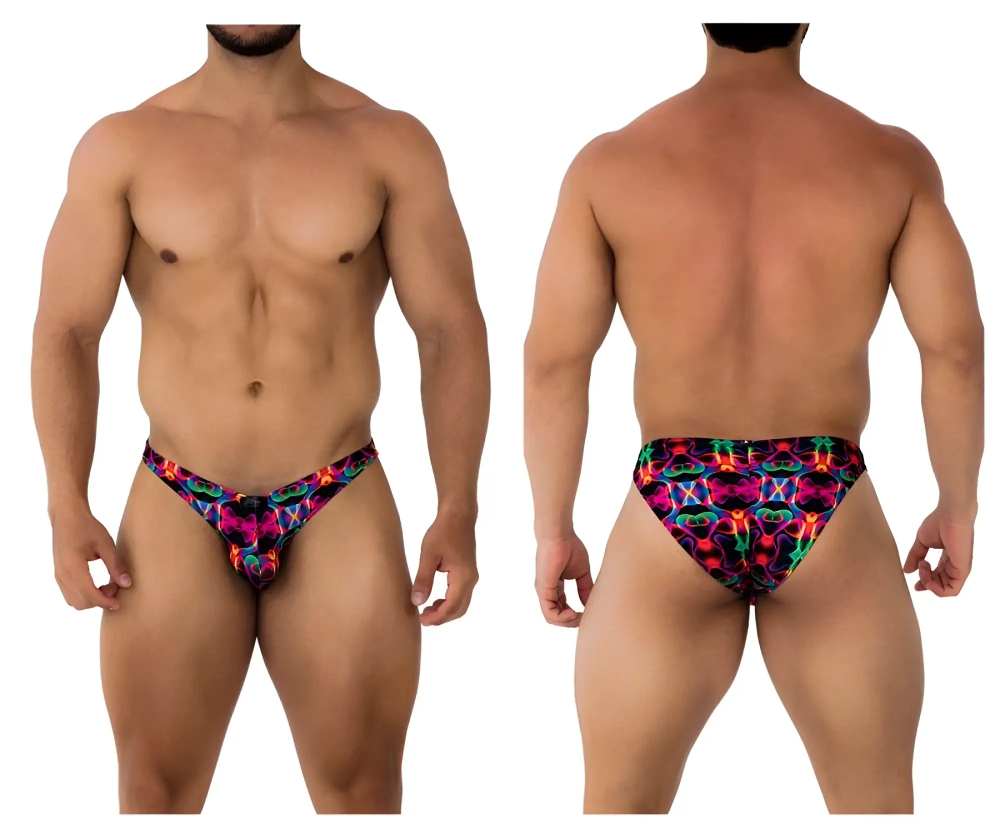 Xtremen 91172 printed bikini color bows men’s swim trunks with vibrant neon abstract design in pink blue green and purple hues