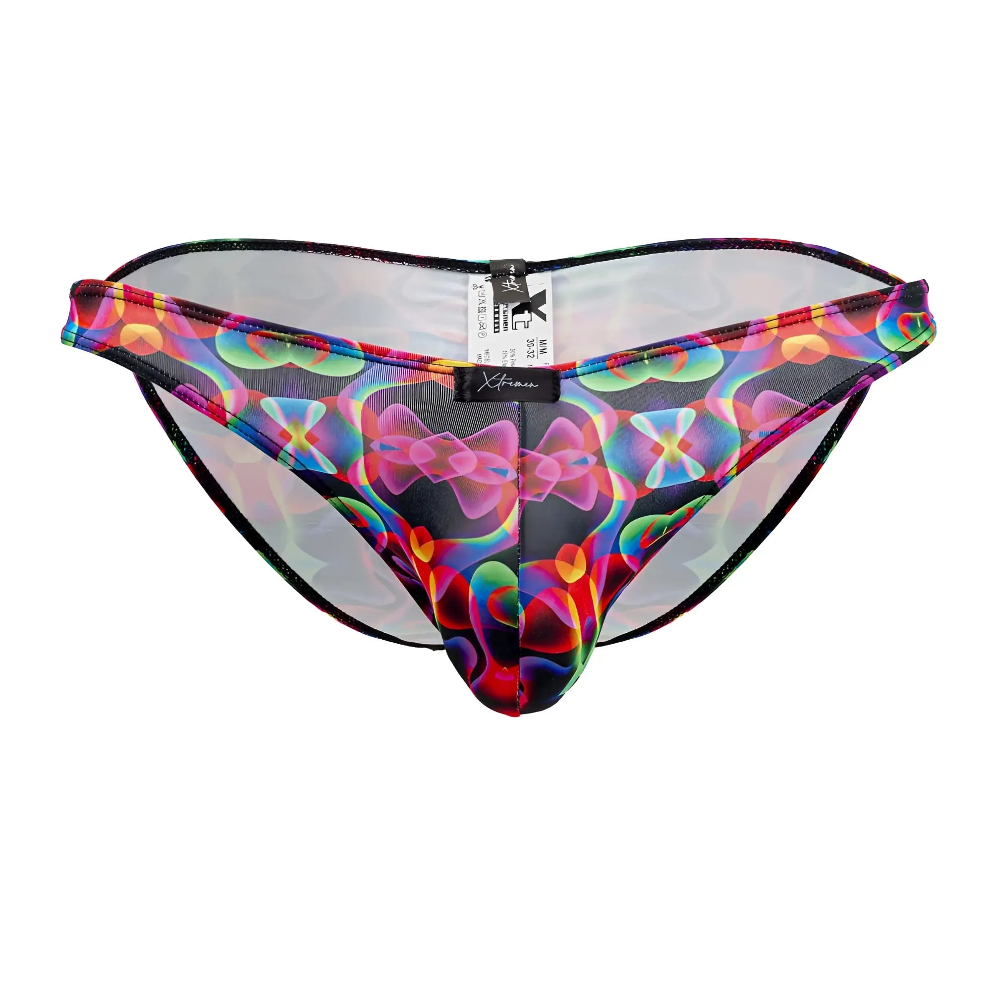 Xtremen 91172 printed bikini color bows vibrant rainbow mesh briefs with black trim and branded tag
