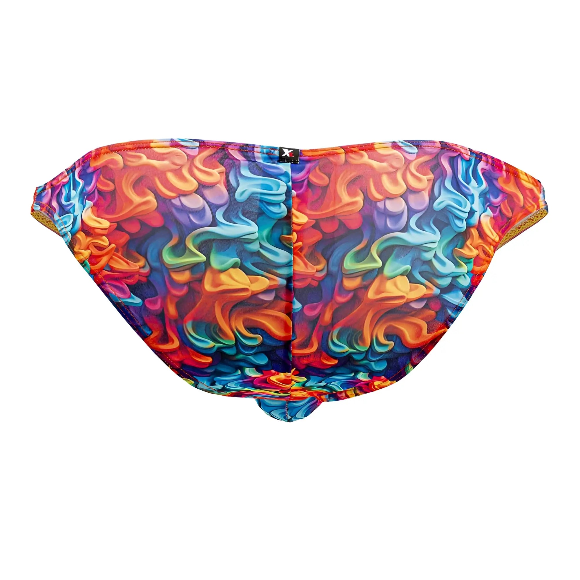Vibrant multicolored abstract swirl-patterned xtremen 91172 printed bikini color fire swim briefs with mesh fabric texture