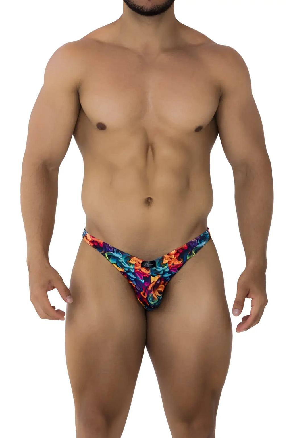 Vibrant multicolored floral-patterned xtremen 91172 printed bikini color fire thong in stretchy fabric shown from the back