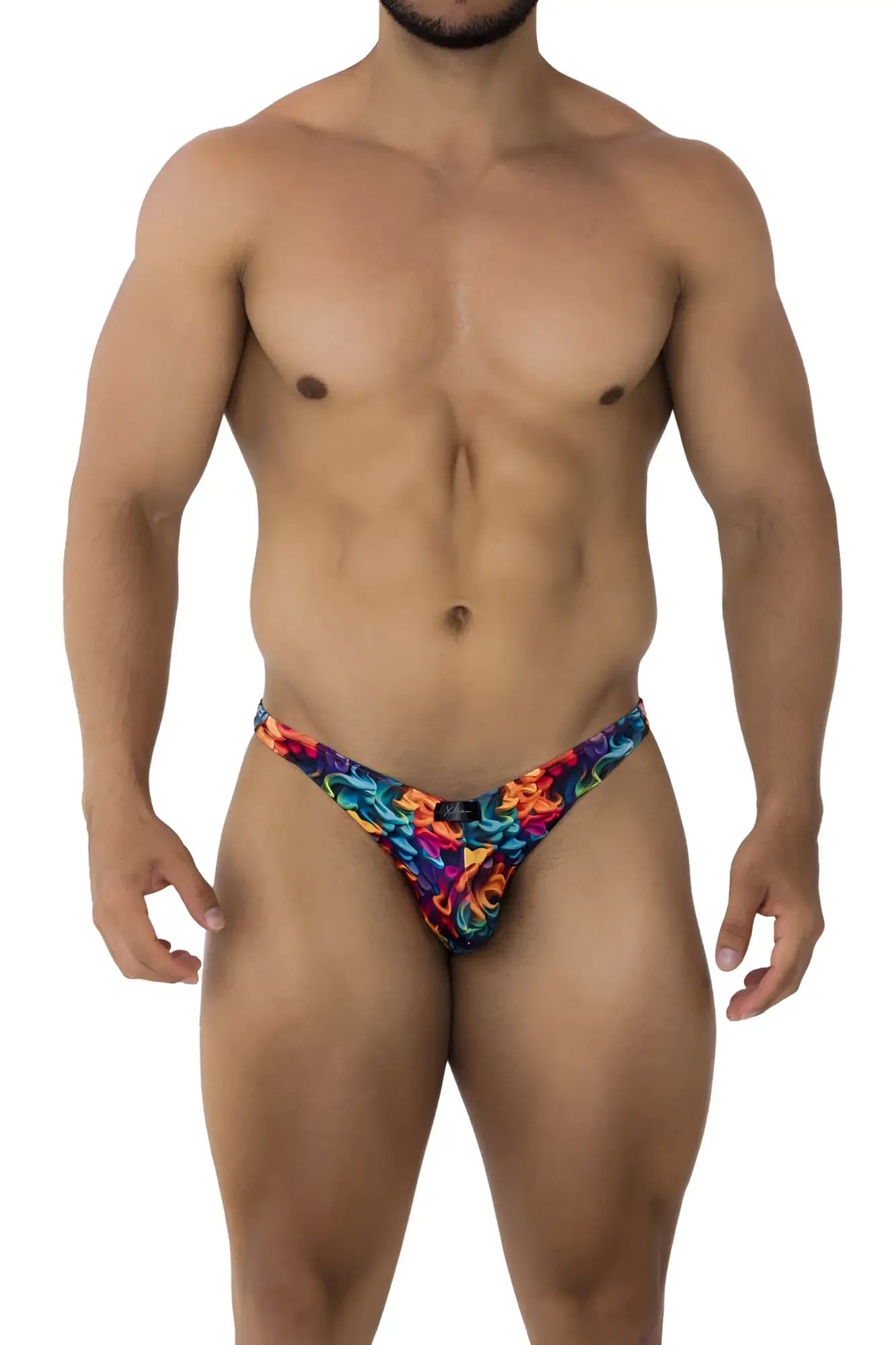 Vibrant multicolored floral-patterned xtremen 91172 printed bikini color fire thong in stretchy fabric shown from the back