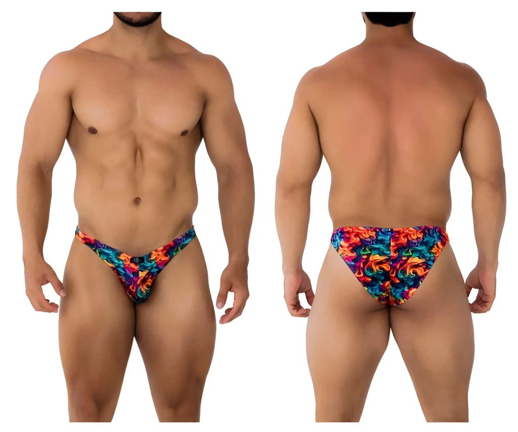 Vibrant xtremen 91172 printed bikini swim trunks with swirling abstract pattern in blue orange and red colors