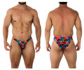 Vibrant xtremen 91172 printed bikini swim trunks with swirling abstract pattern in blue orange and red colors