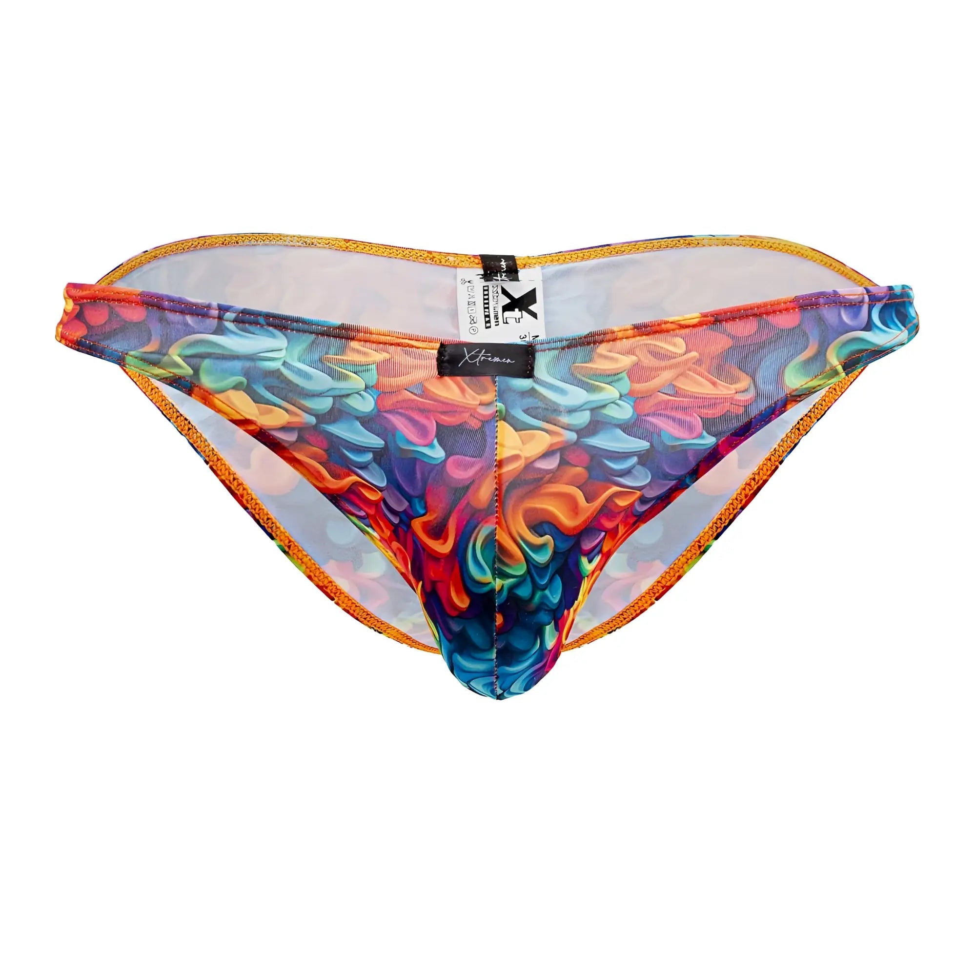 Xtremen 91172 printed bikini mesh briefs with vibrant rainbow colors, swirling abstract pattern, and orange trim
