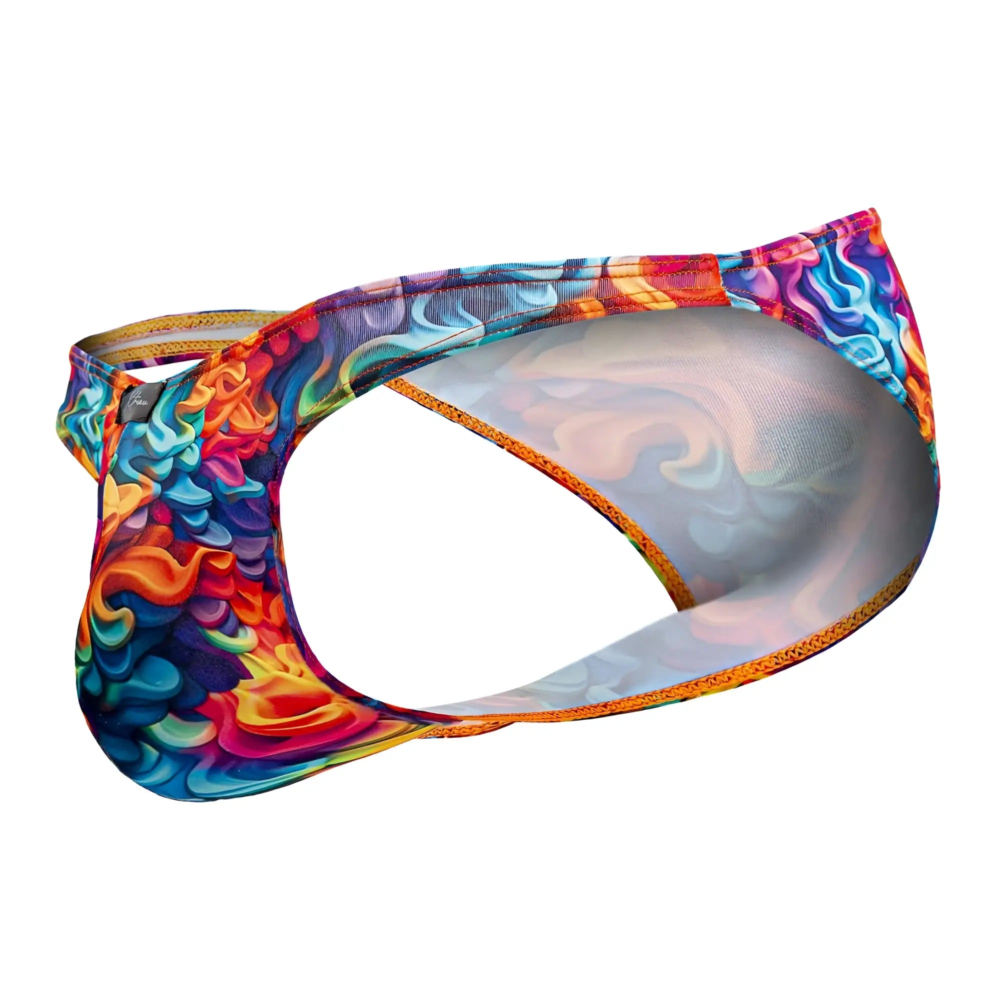 Xtremen 91172 printed bikini color fire swim trunks with vibrant rainbow swirling pattern and orange trim