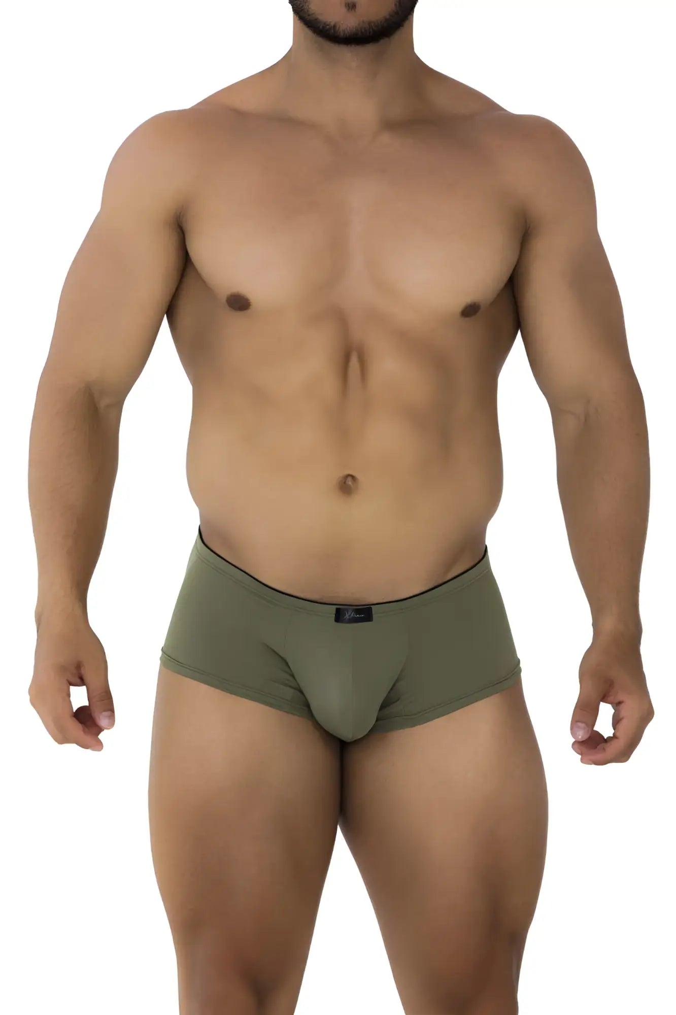 Olive green xtremen 91175 microfiber briefs with black trim and small logo on waistband