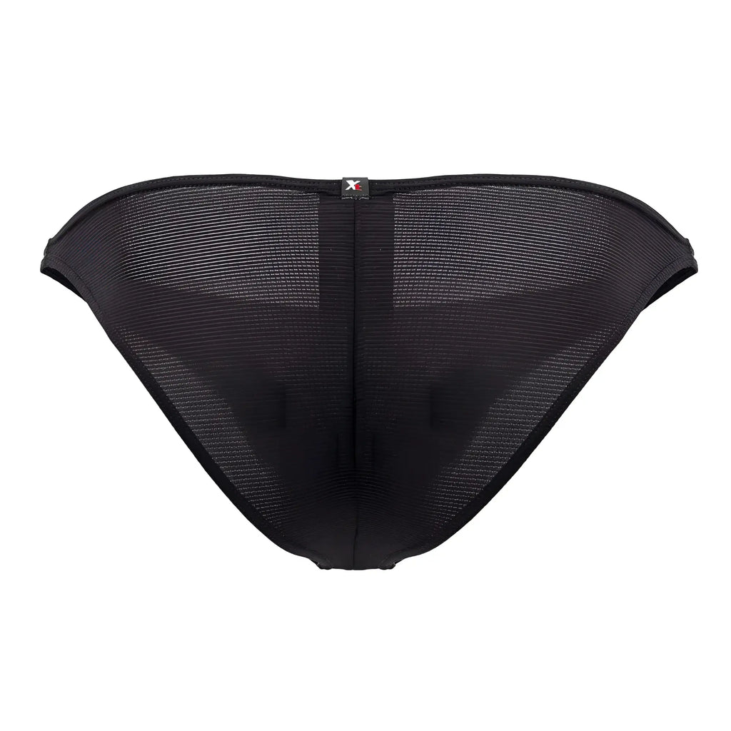 Xtremen 91177 microfiber bikini briefs in black mesh with subtle textured pattern shown from the back with logo tag
