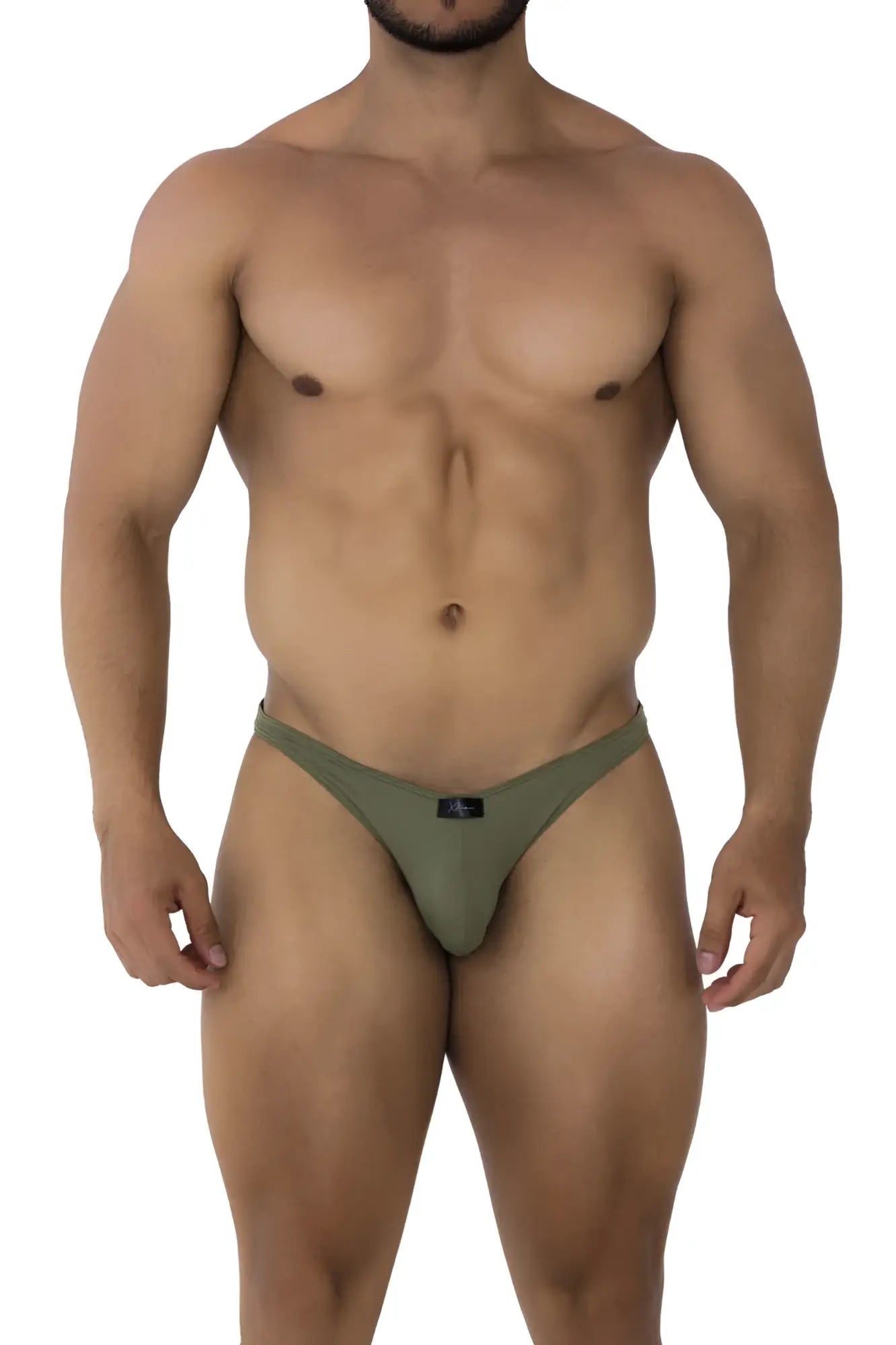 Olive green microfiber athletic briefs with small black logo front designed for active use xtremen 91177 bikini