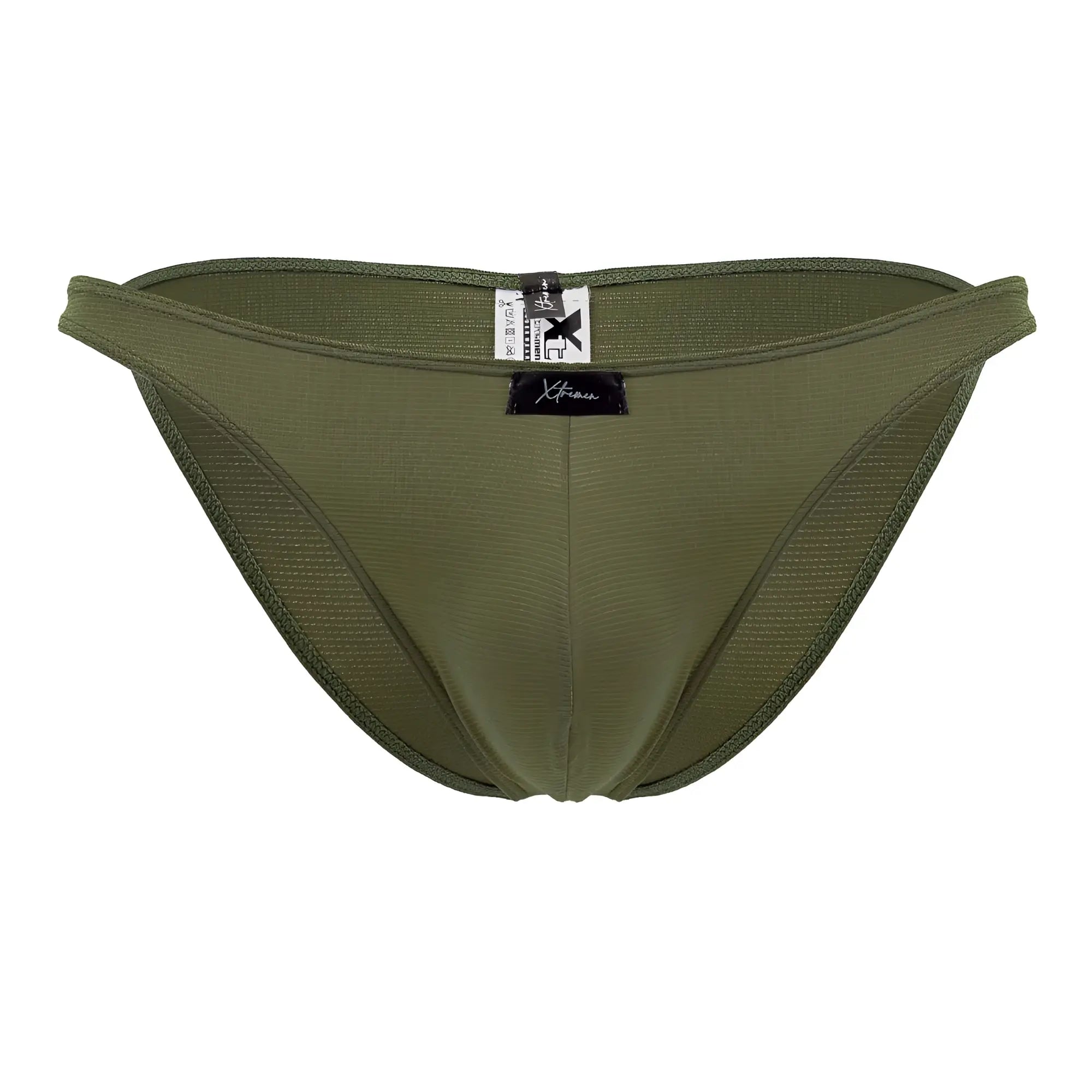 Olive green microfiber mesh briefs with black xtremen brand tag at waistband for comfortable daily wear