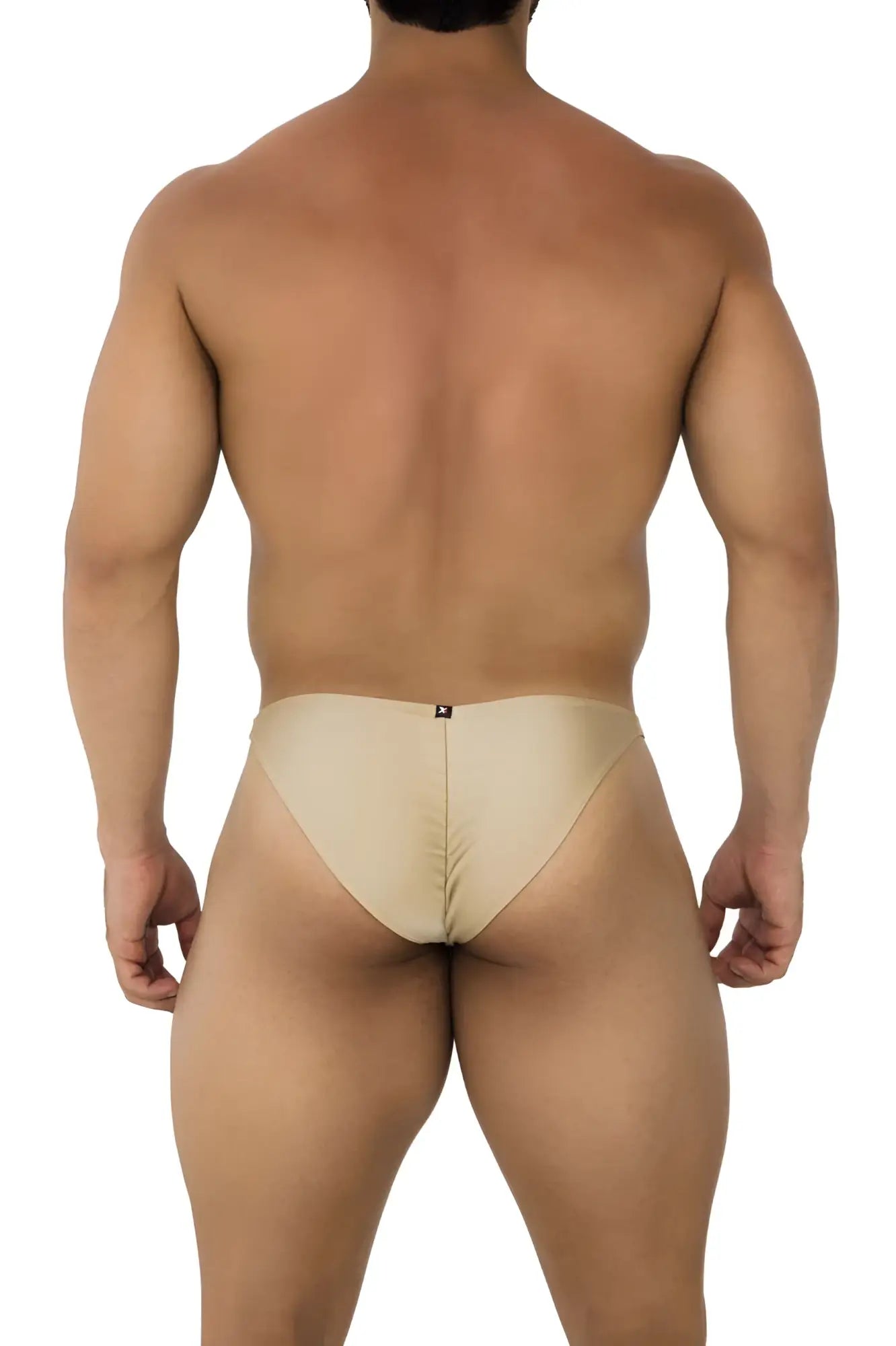 Back view of beige xtremen 91179 microfiber bikini briefs with a central seam and black logo on the waistband