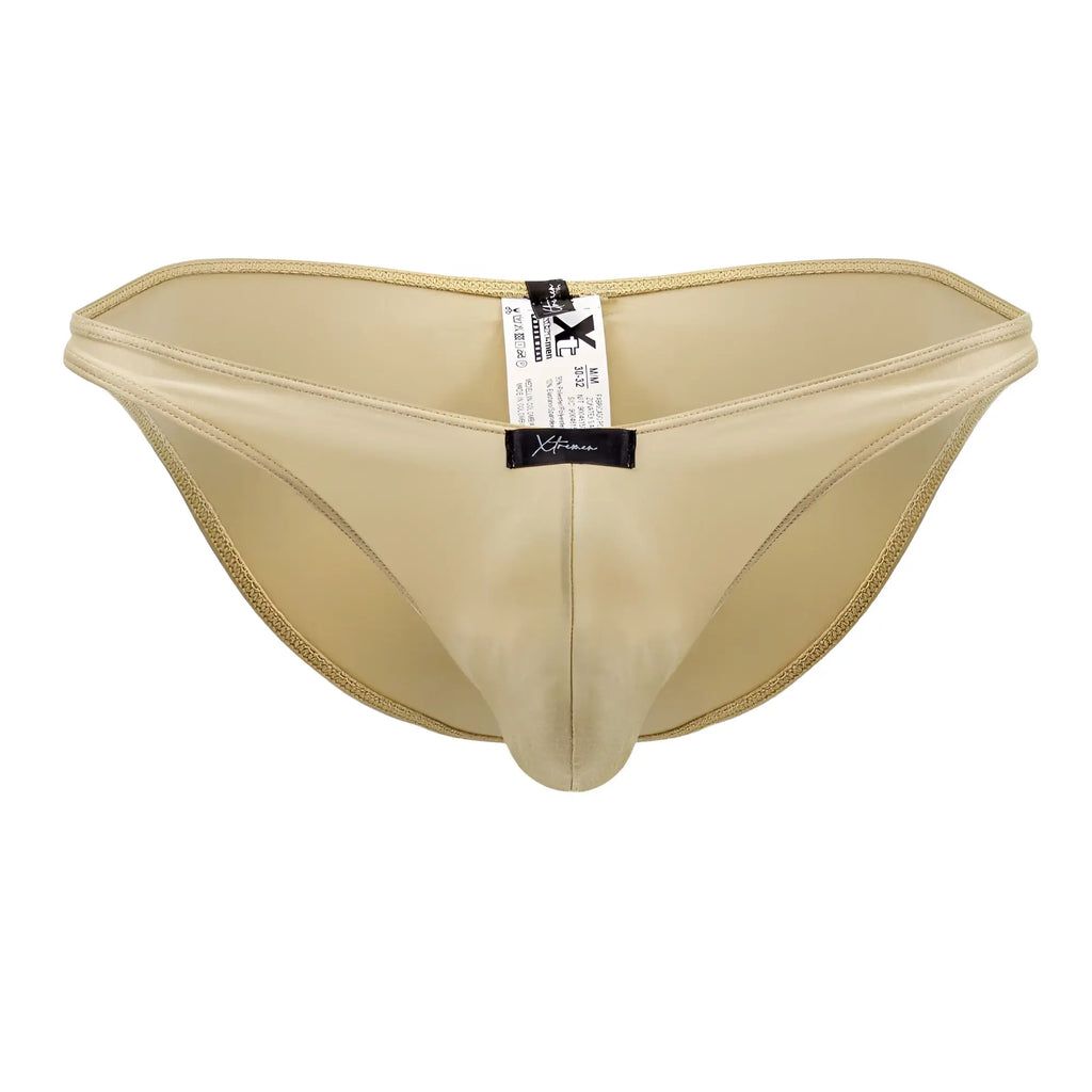 Beige satin Xtremen 91179 microfiber bikini briefs with subtle sheen and gold-trimmed edges