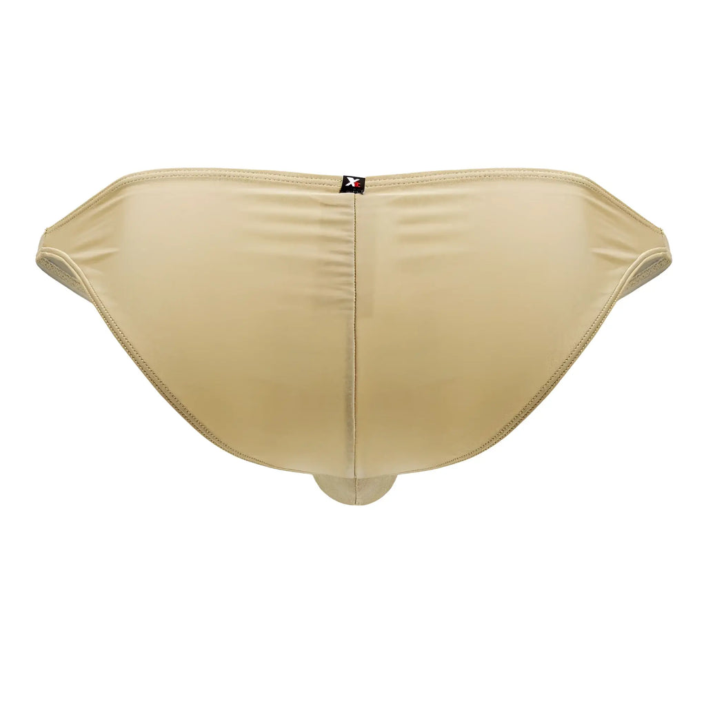 Beige seamless men’s microfiber briefs in gold color with subtle texture and small black logo tag on the back center