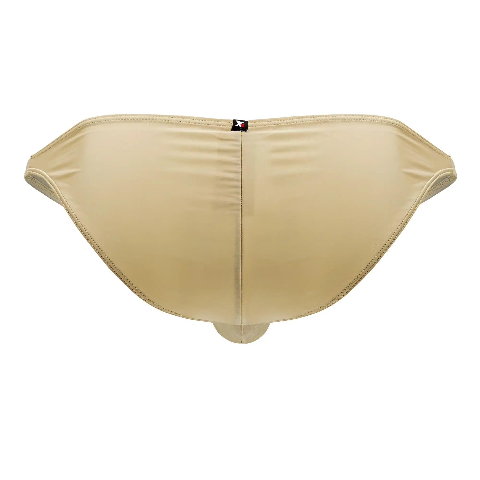 Beige seamless men’s microfiber briefs in gold color with subtle texture and small black logo tag on the back center