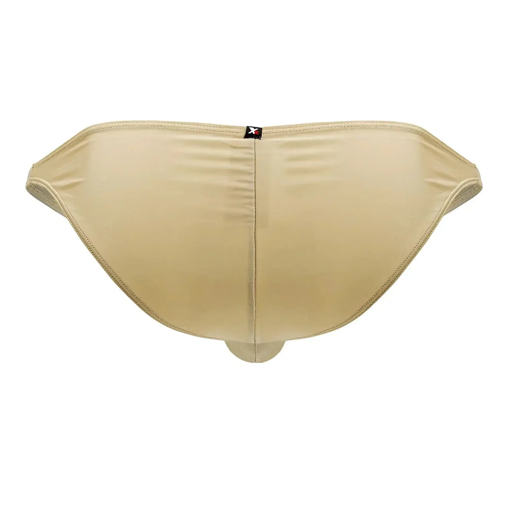 Beige seamless men’s microfiber briefs in gold color with subtle texture and small black logo tag on the back center