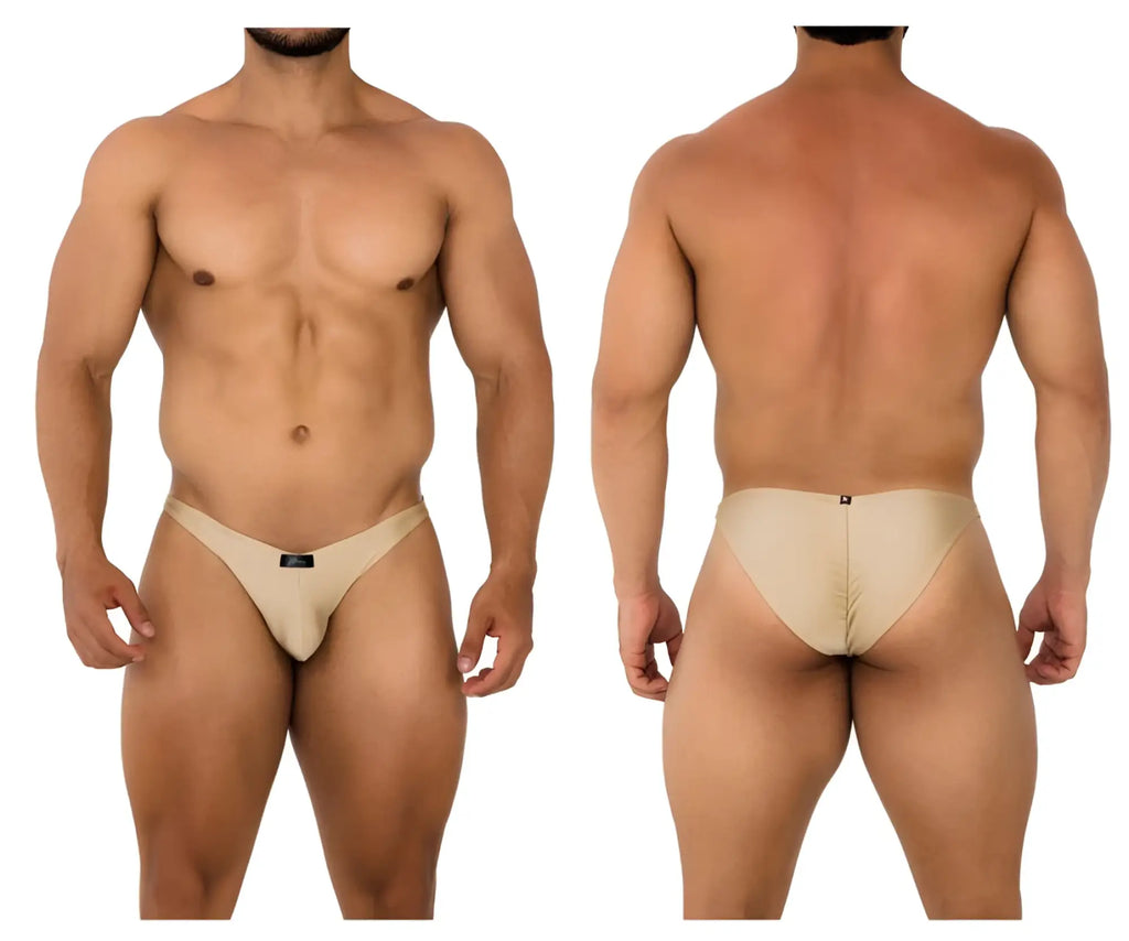 Beige xtremen 91179 microfiber bikini briefs with subtle seam detail and small black brand tag at the front