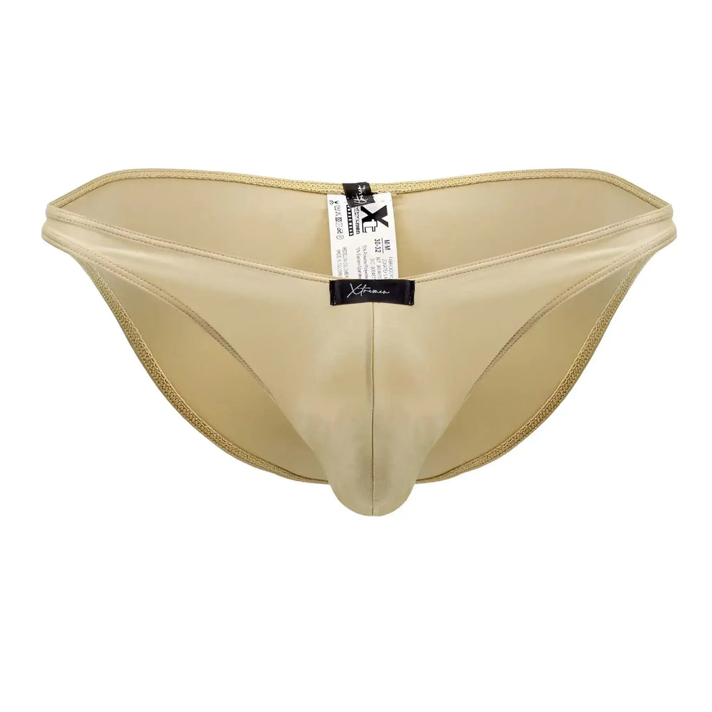 Beige satin Xtremen 91179 microfiber bikini briefs with subtle sheen and gold-trimmed edges