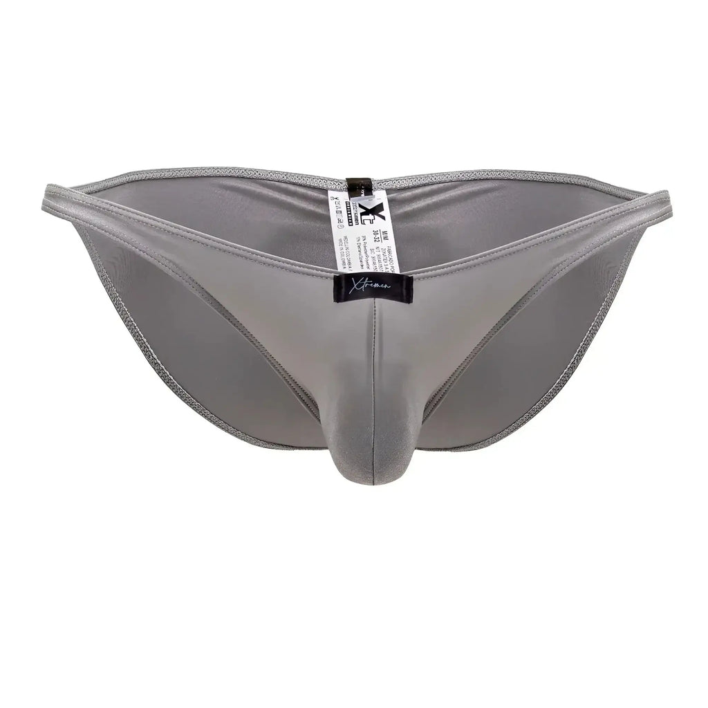 Gray xtremen 91179 microfiber bikini briefs in silver with a smooth satin-like fabric and subtle sheen