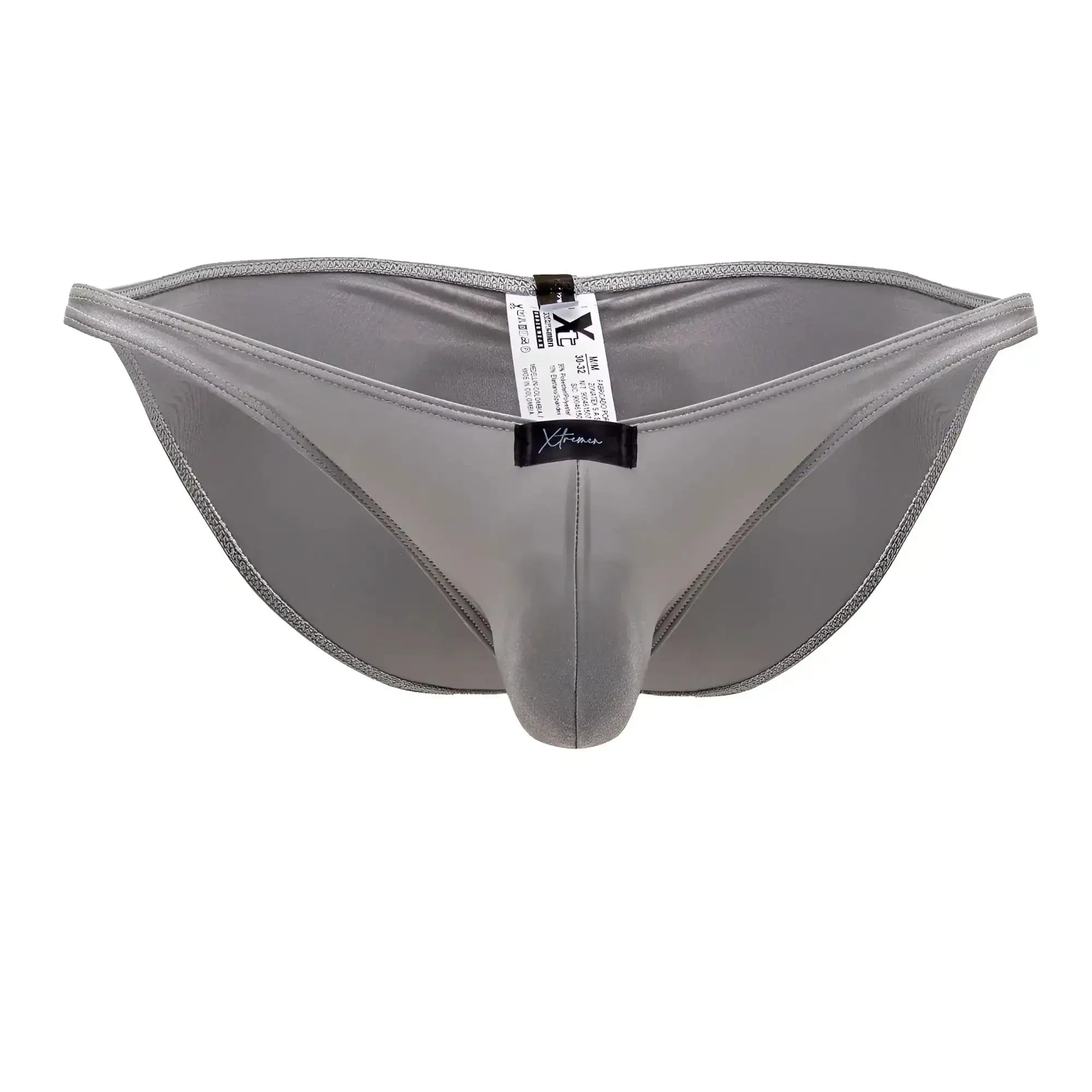 Gray xtremen 91179 microfiber bikini briefs in silver with a smooth satin-like fabric and subtle sheen