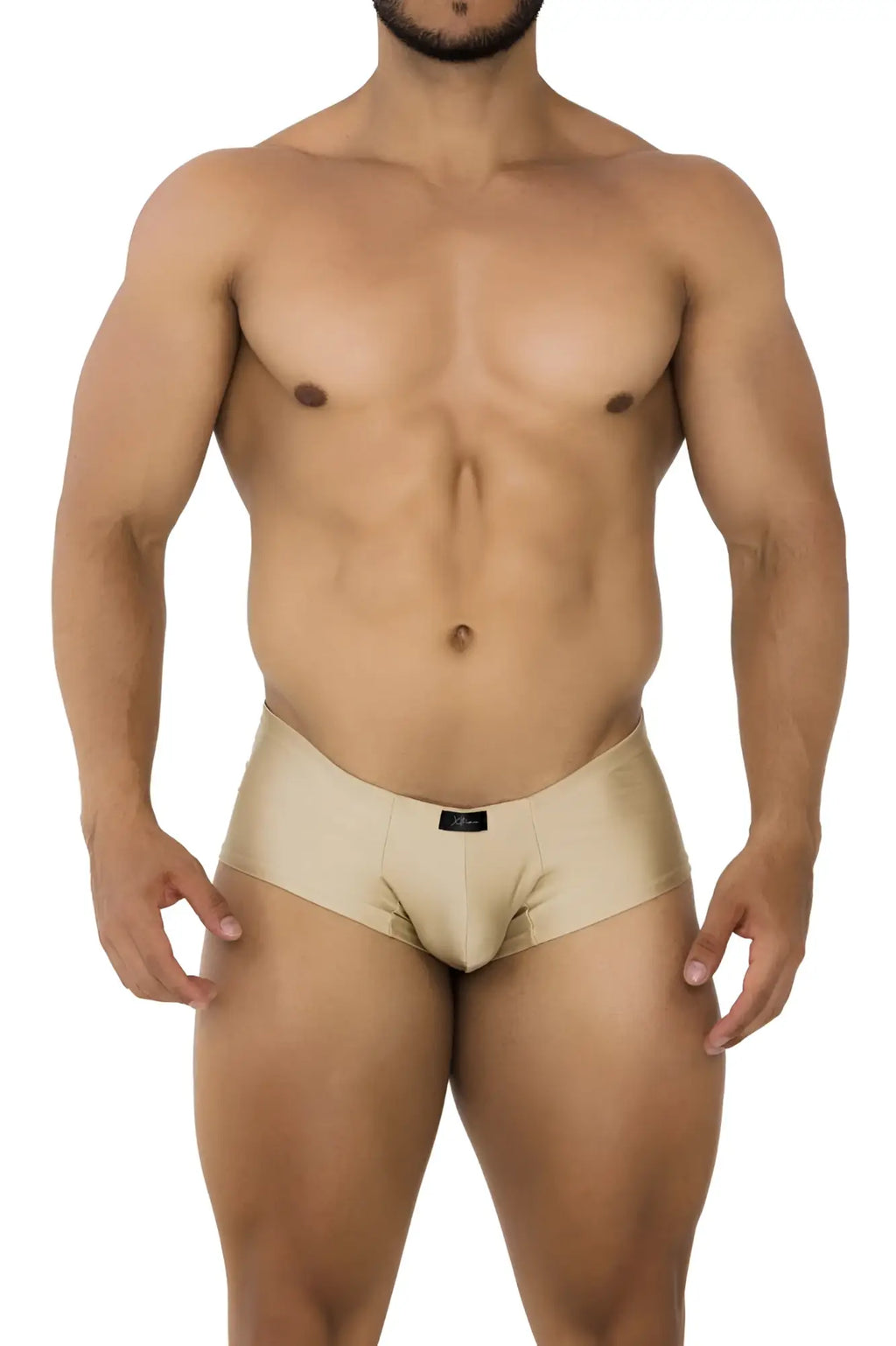 Beige satin briefs xtremen 91180 microfiber trunks gold with sleek smooth texture and black brand tag at waistband