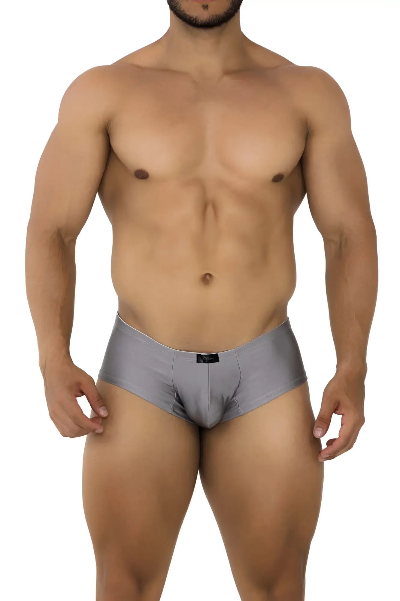 Xtremen 91180 microfiber trunks in silver feature sleek gray form-fitting briefs with a subtle sheen and black brand tag