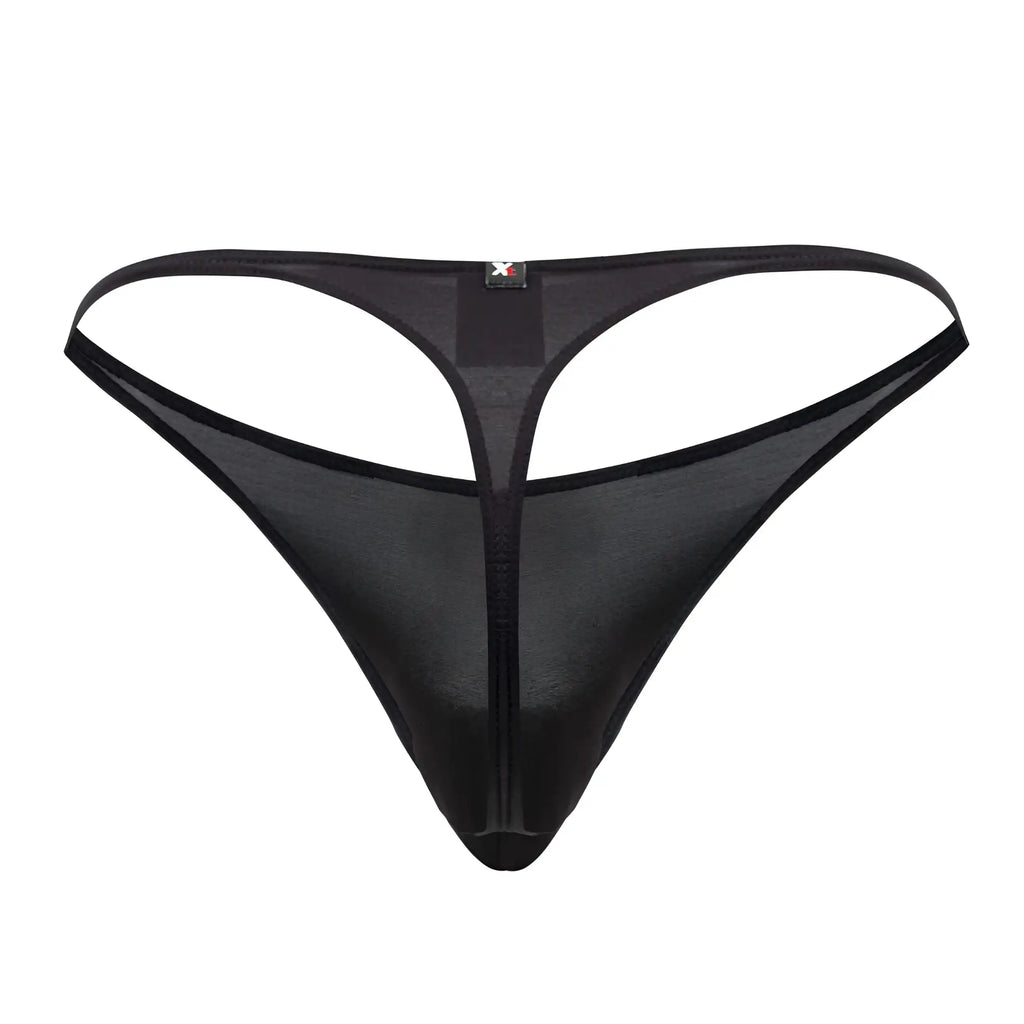 Black xtremen 91182 microfiber thong with sheer mesh, central zipper, and thin supportive straps front view
