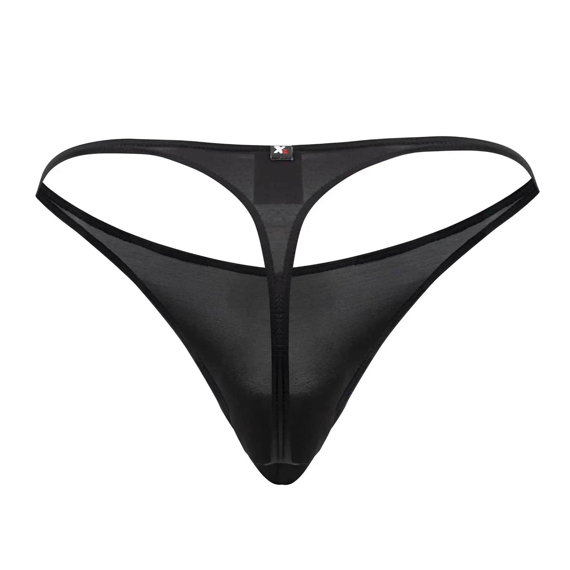 Black xtremen 91182 microfiber thong with sheer mesh, central zipper, and thin supportive straps front view